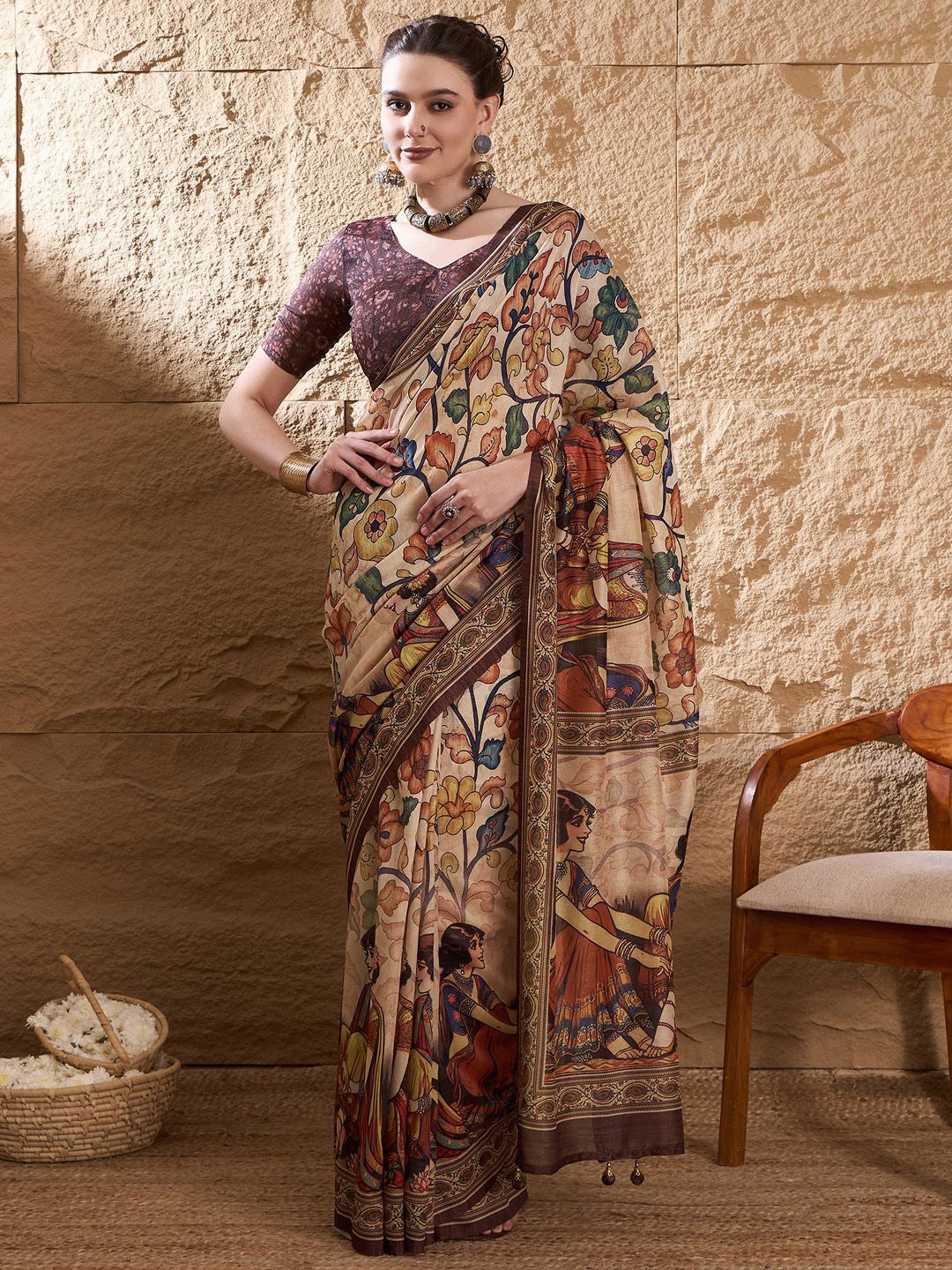 

Mitera Kalamkari Silk Blend Tussar Saree, Beige