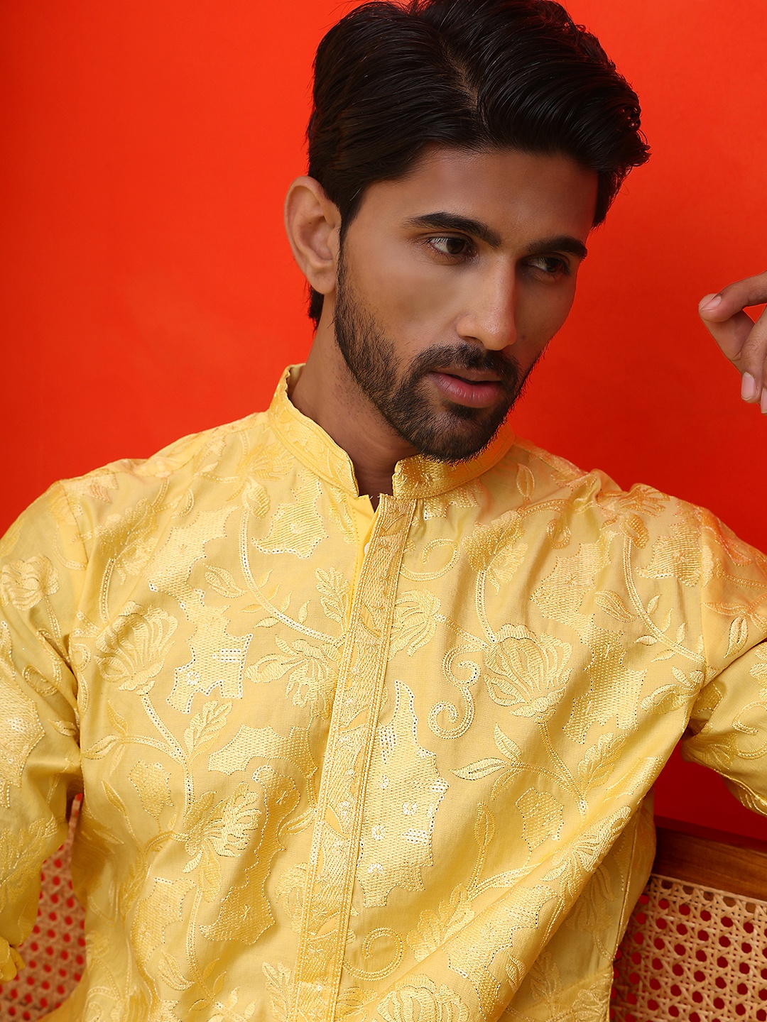 

Jompers Men Floral Embroidered Regular Chikankari Kurta with Pyjamas, Yellow