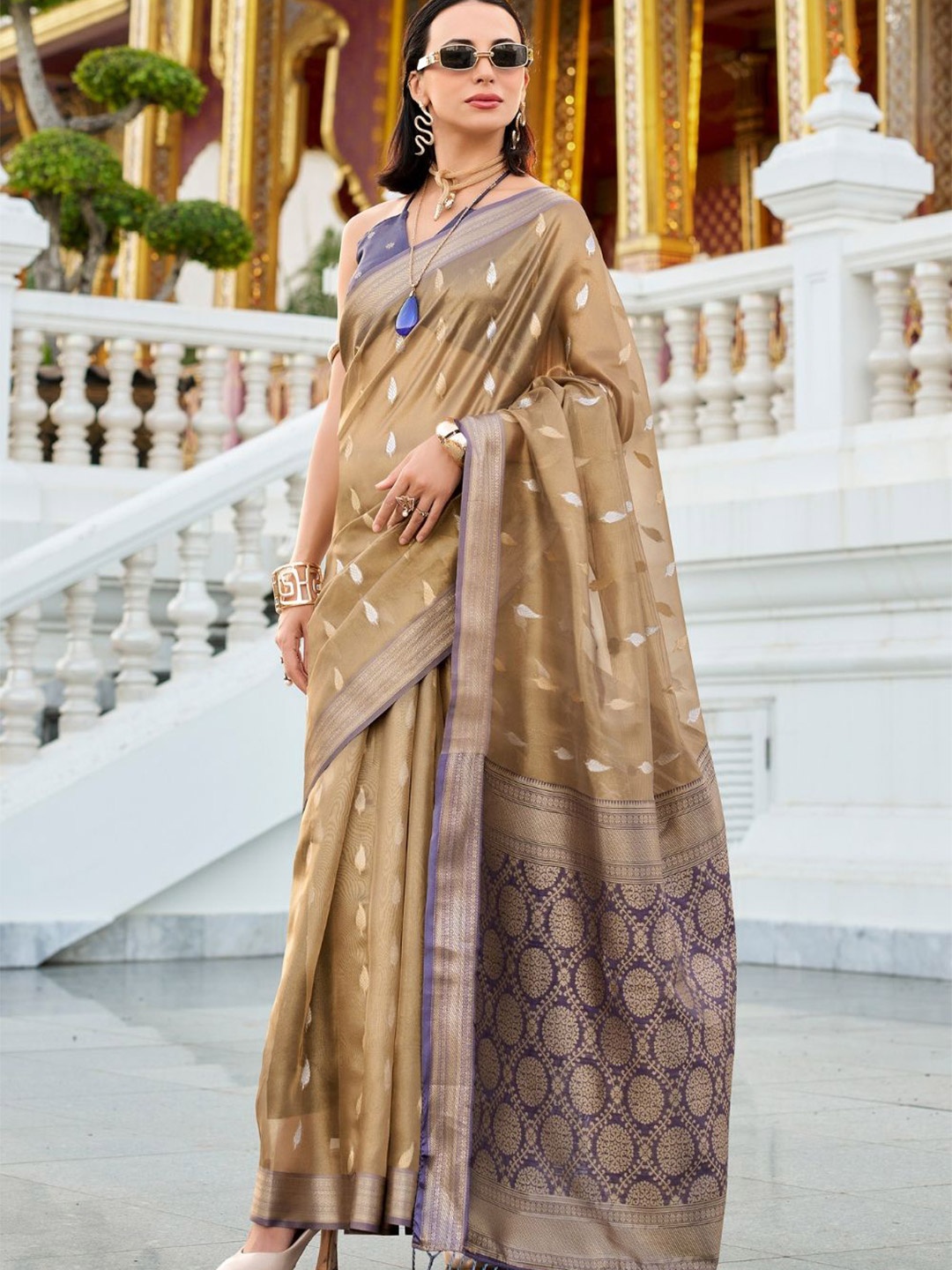 

DEVATITHI Mustard Tissue Silk Zari Booti Saree, Gold