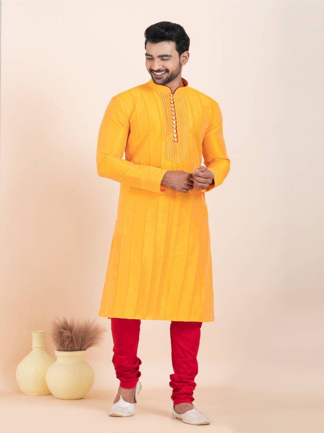 

ROOTED LIBAAS Men Regular Dupion Silk Kurta with Pyjamas, Yellow
