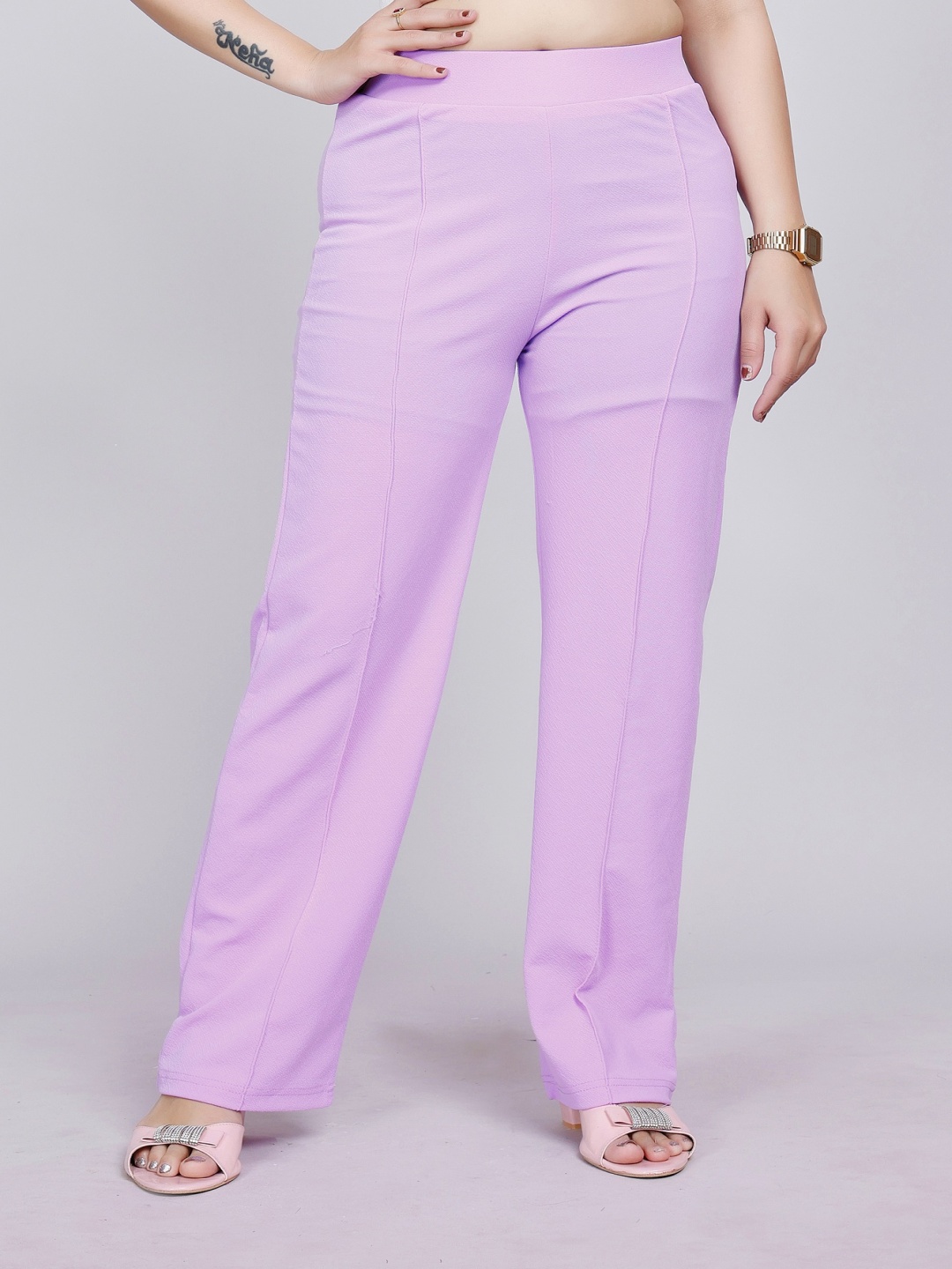 

NU CLOTHS Women Relaxed Straight Leg High-Rise Trousers, Lavender