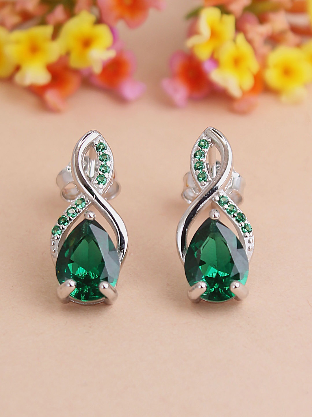 

DEVASHREE 925 Sterling Silver Rhodium-Plated CZ Studded Teardrop Shaped Studs