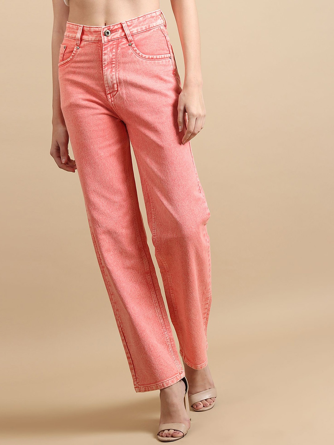 

DressBerry Women Comfort Straight Fit High-Rise Light Fade Acid Wash Stretchable Jeans, Orange