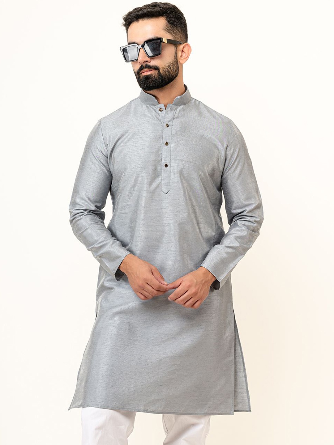 

Tistabene Woven Design Mandarin Collar Dupion Silk Straight Kurta, Grey