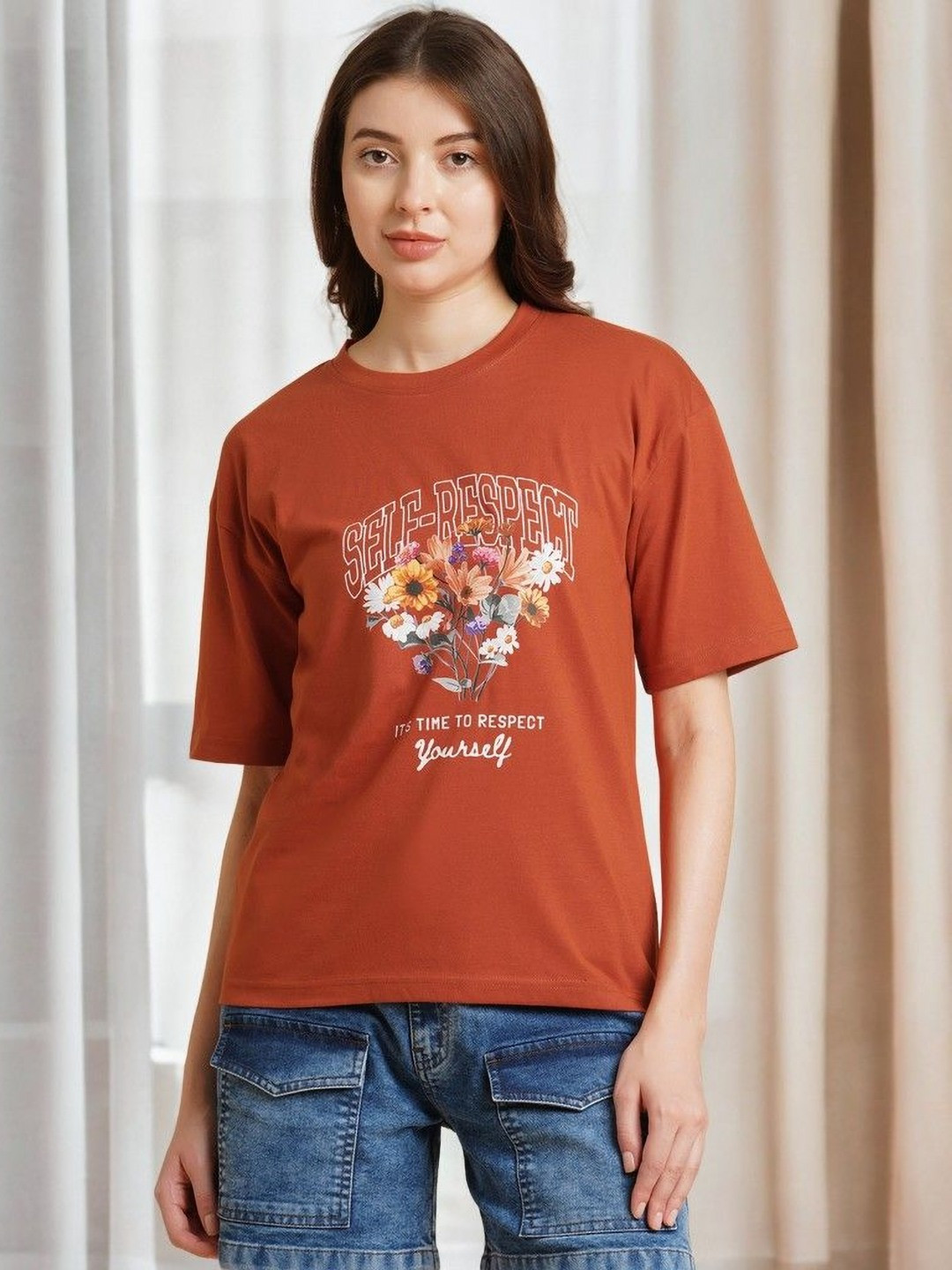 

DressBerry Women Floral Printed Pockets T-shirt, Rust