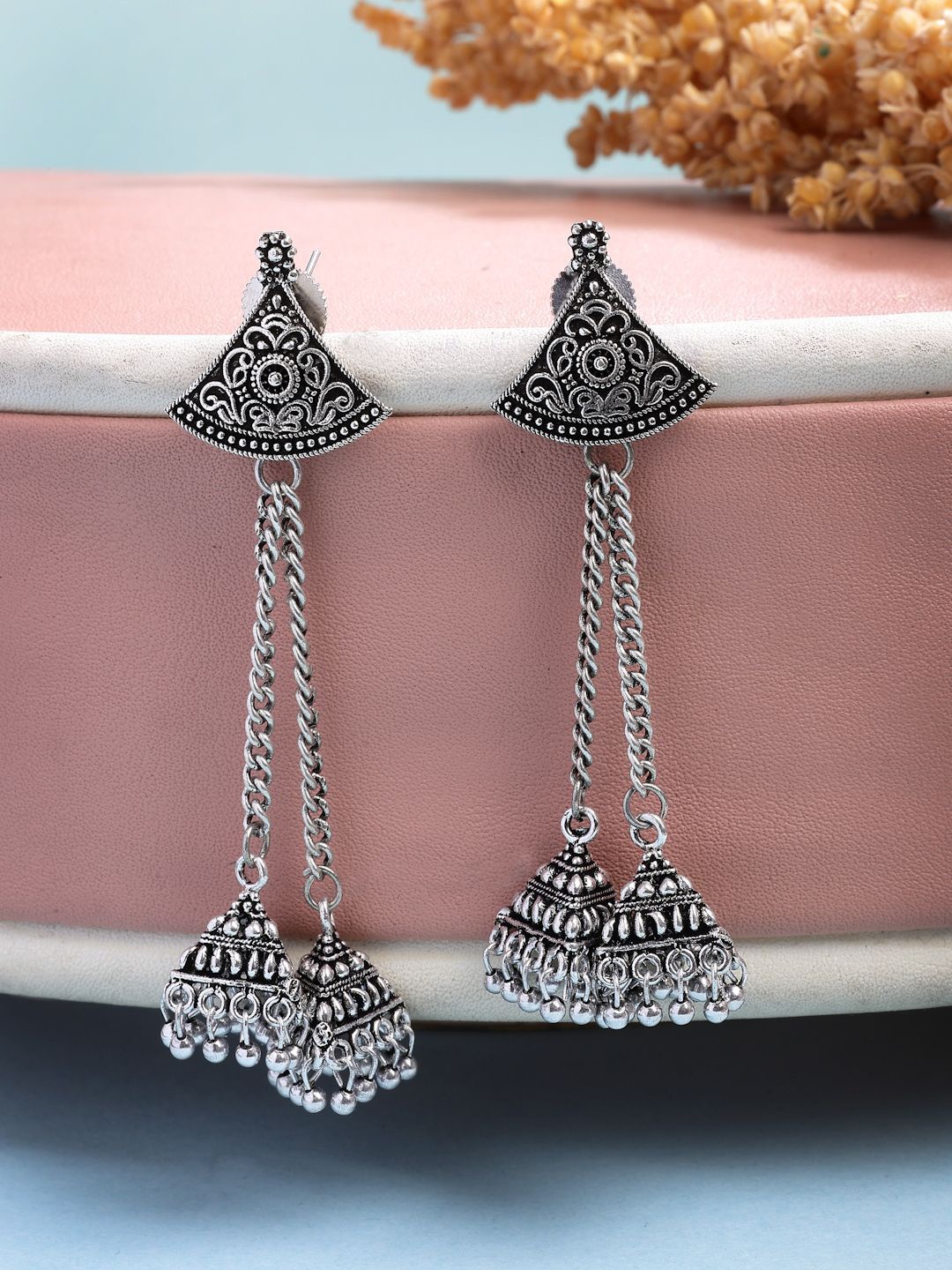 

NVR Silver-Plated Triangular Shaped Oxidised Jhumkas