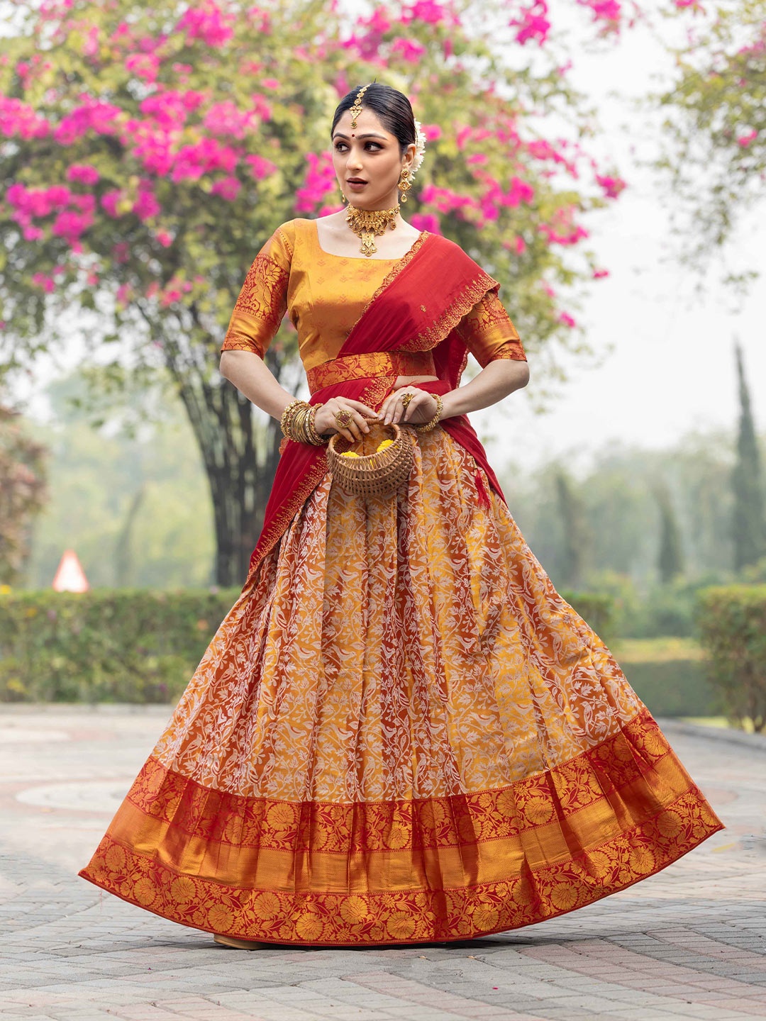 

DrapeMall Floral Woven Design Semi-Stitched Lehenga & Unstitched Blouse With Dupatta, Red