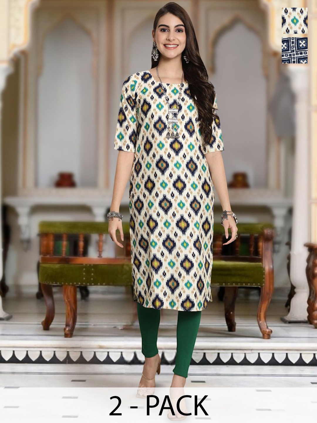 

Moda Rapido Selection Of 2 Geometric Printed Round Neck Straight Kurtas, Off white