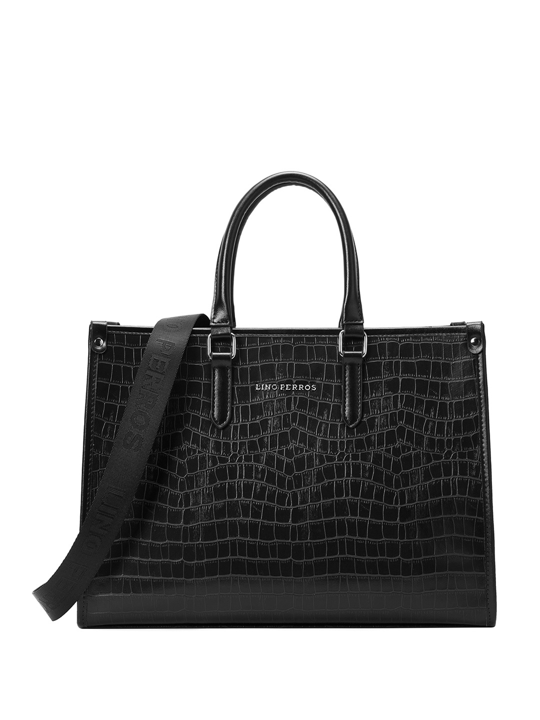 

Lino Perros Croc Textured Structured Handheld Bag, Black