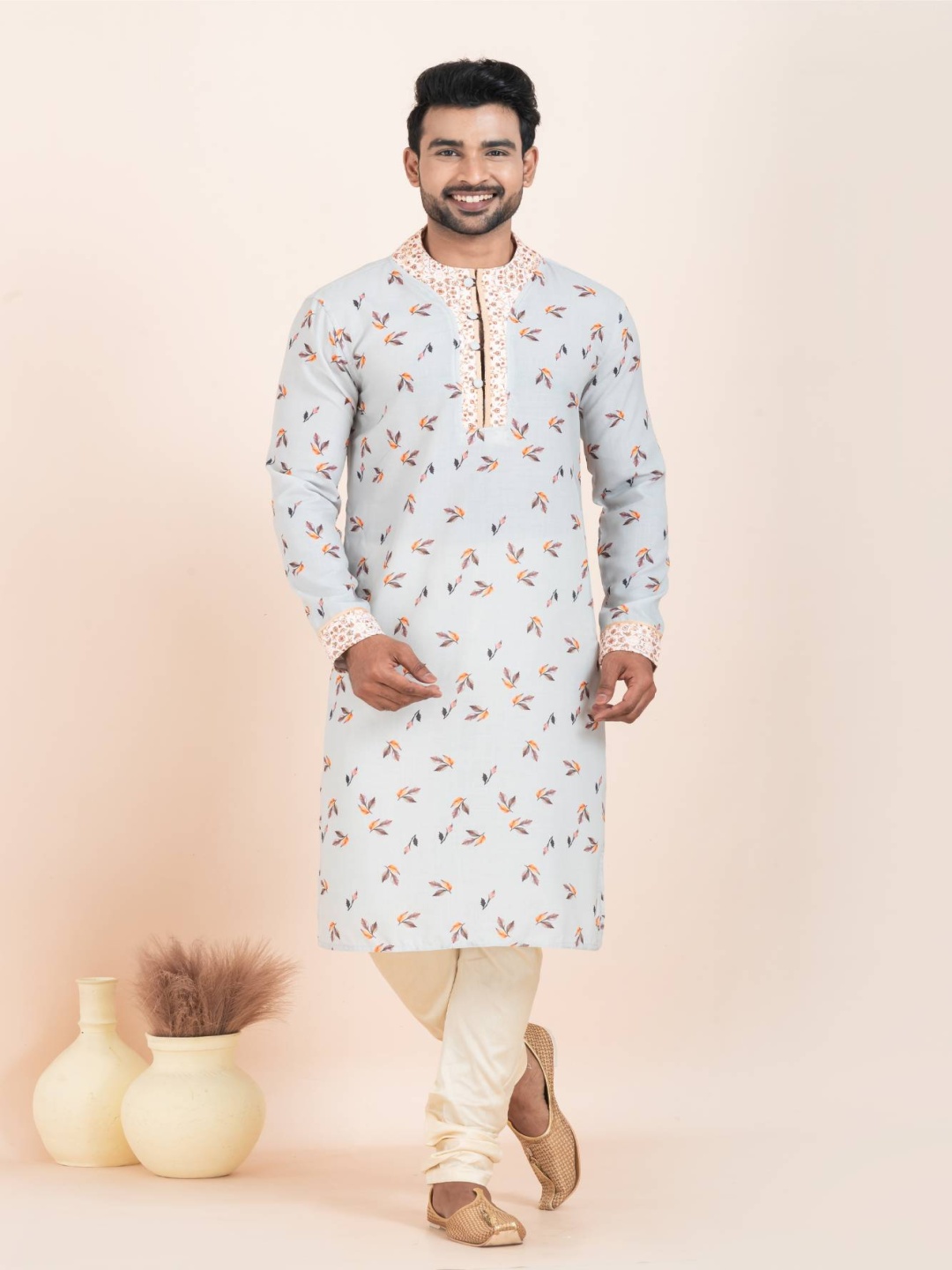 

ROOTED LIBAAS Men Floral Regular Kurta with Pyjamas, Blue