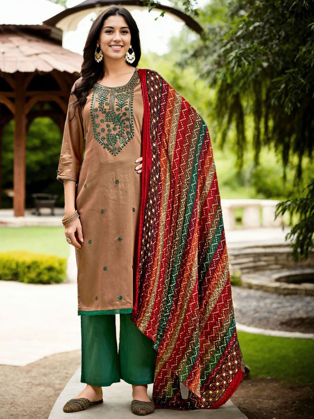 

Anouk Women Embroidered Regular Thread Work Kurta with Palazzos & With Dupatta, Camel brown