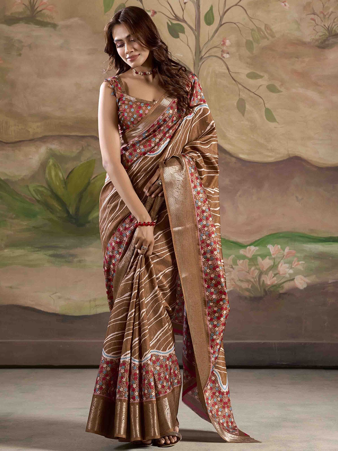 

Blissta Striped Zari Silk Blend Saree, Brown