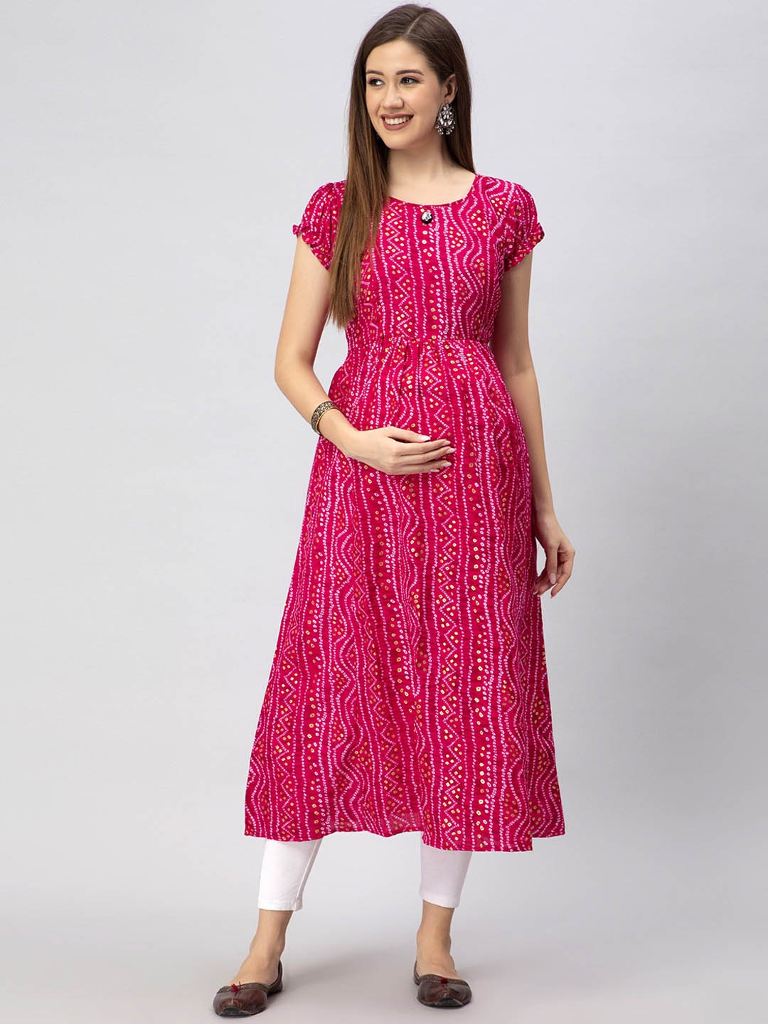 

CEE-18 Bandhani Printed Maternity A-Line Anarkali Kurta, Pink