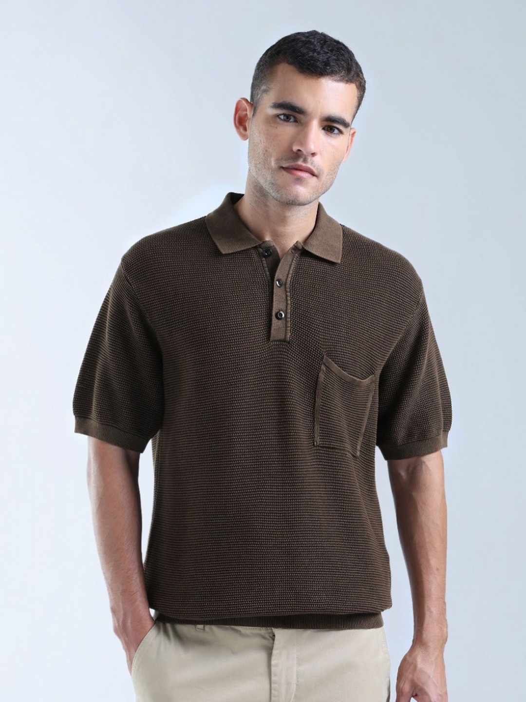 

Flying Machine Men Polo Collar Pockets T-shirt, Brown