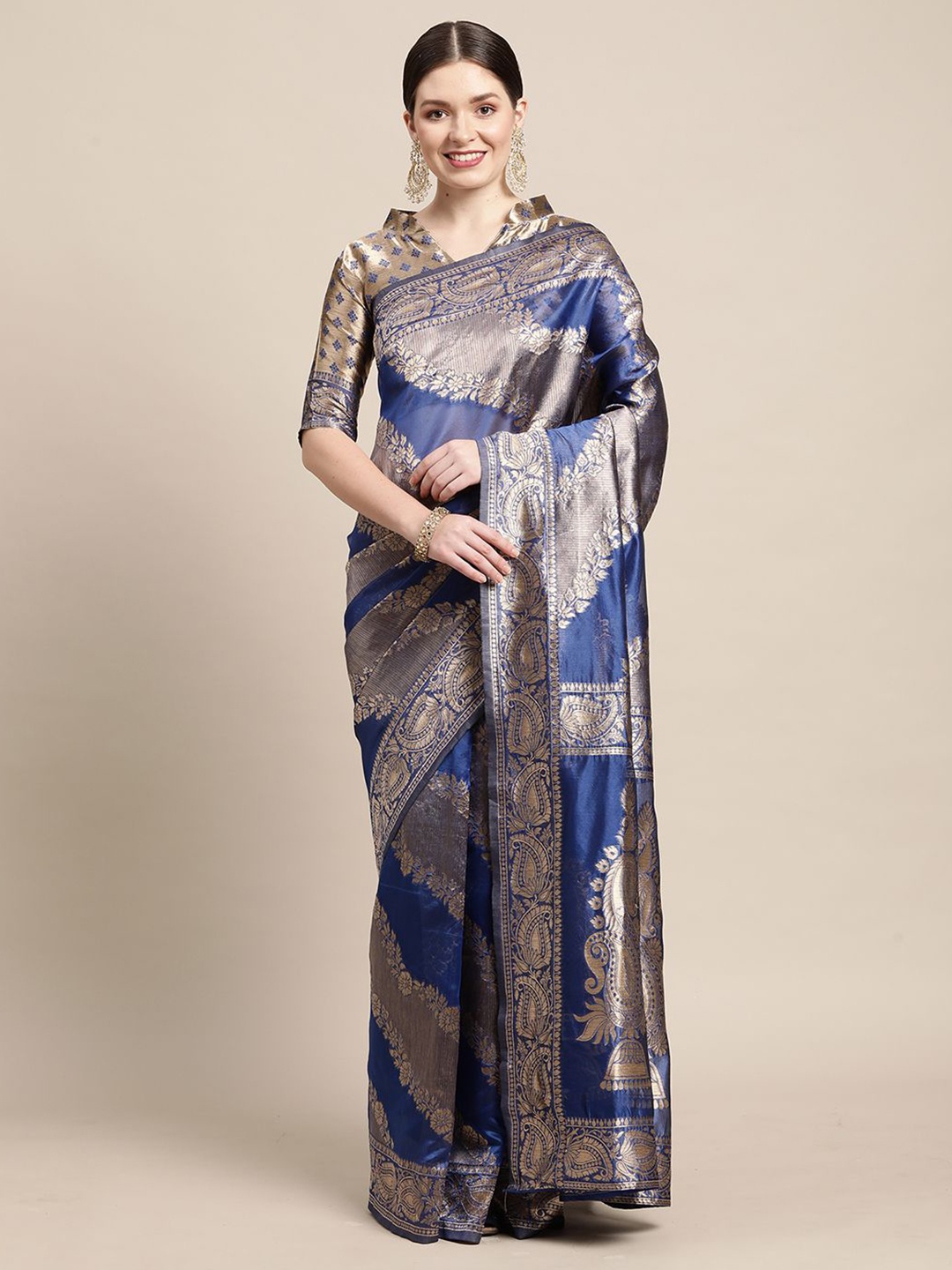 

Mitera Woven Design Zari Silk Blend Banarasi Saree, Blue