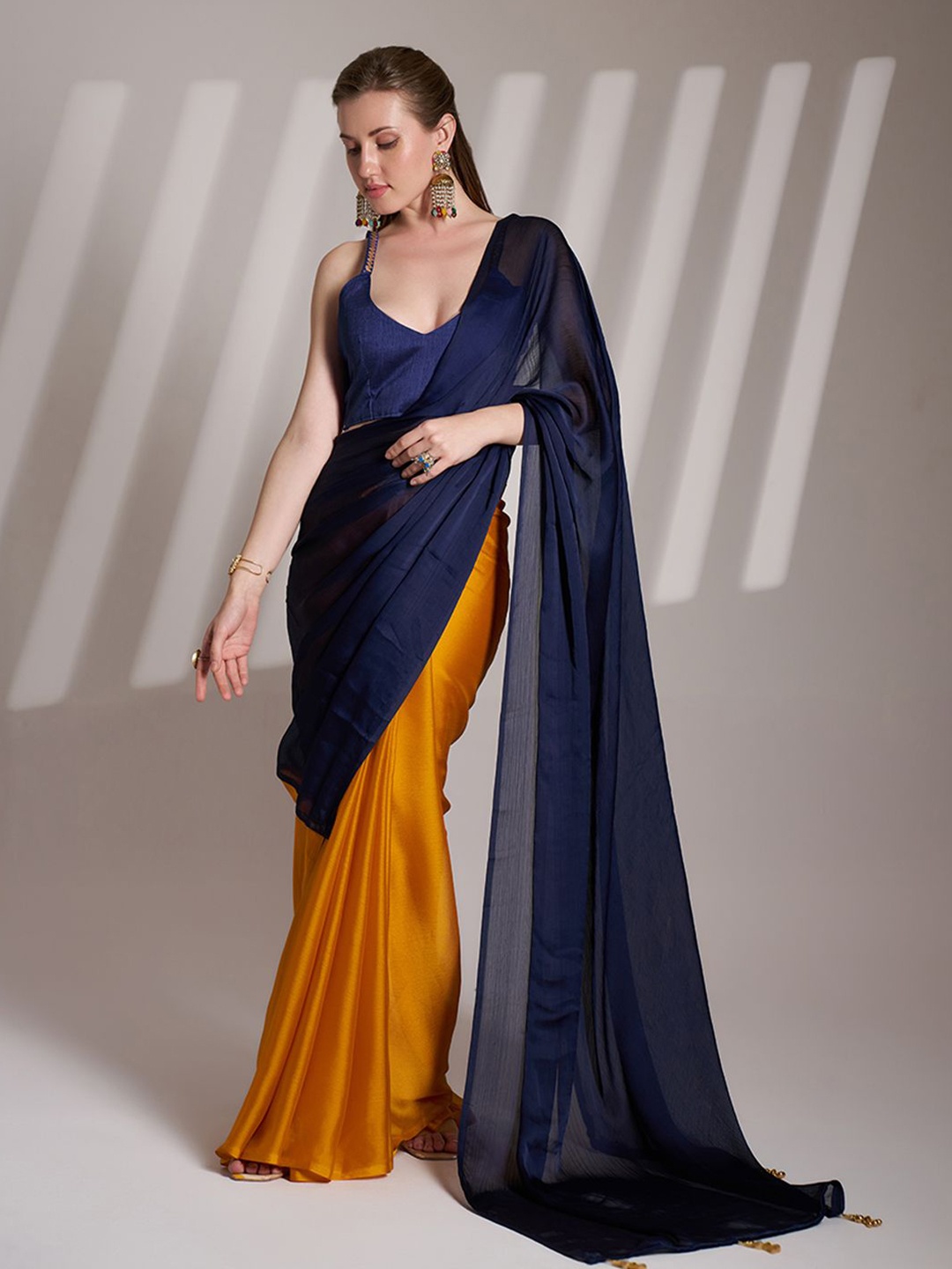 

Kalista Colourblocked Satin Ready to Wear Saree, Navy blue