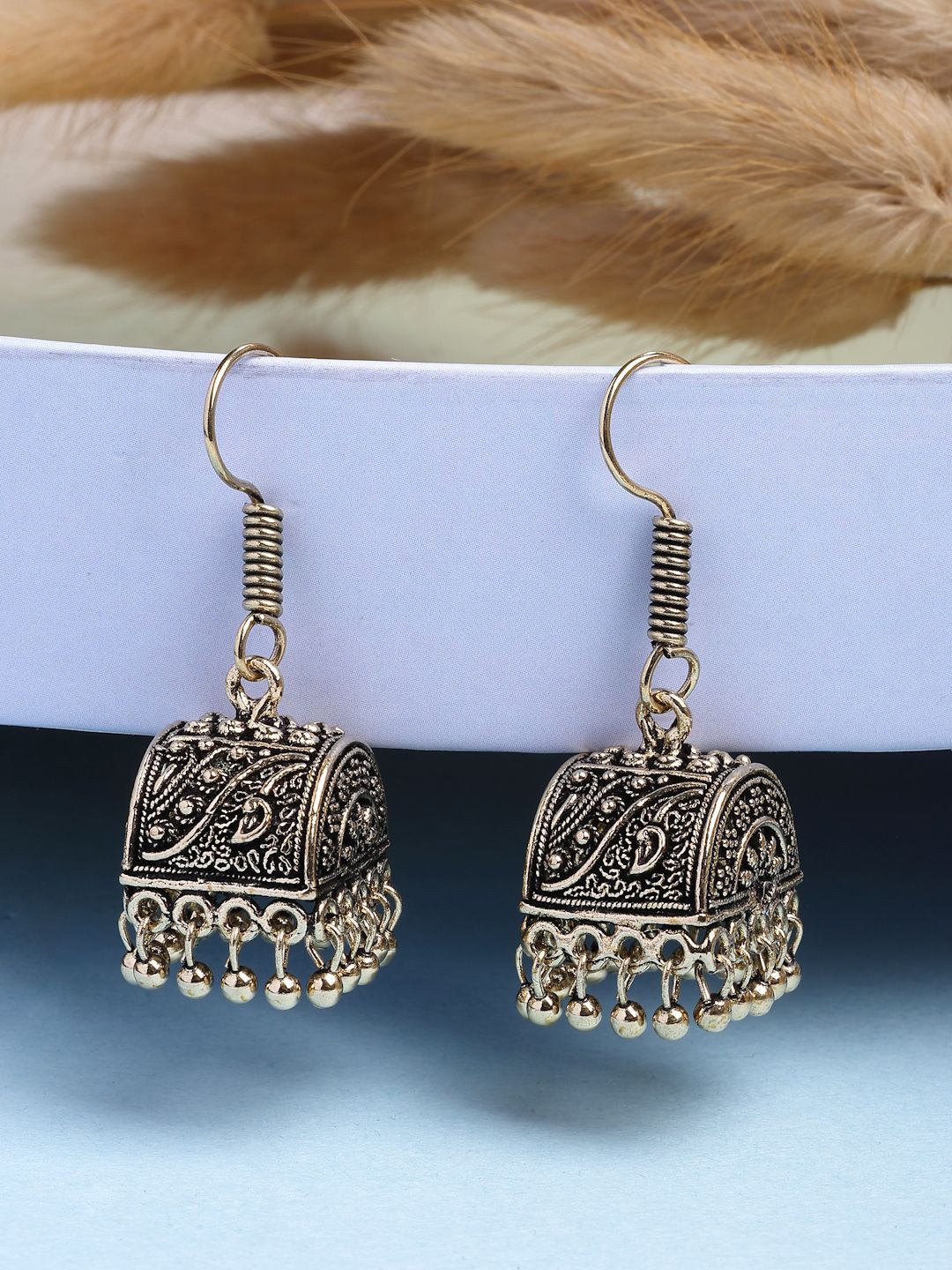 

NVR Women German silver Gold Plated Oxidised Contemporary Jhumka Earrings
