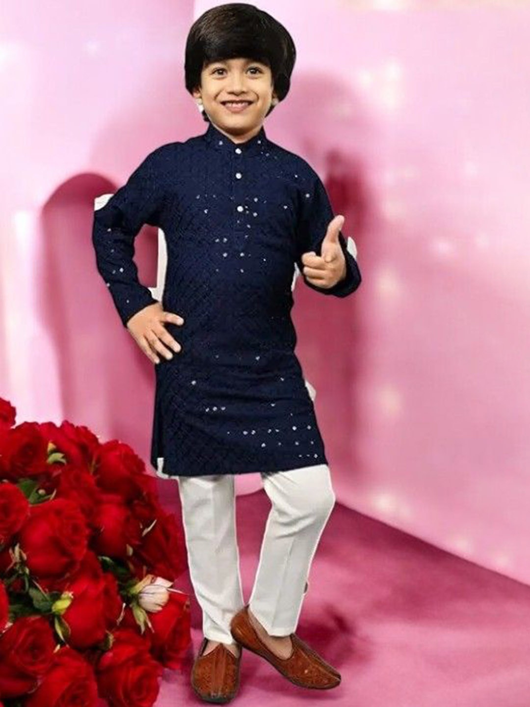 

Qtsy Boys Embroidered Regular Mirror Work Pure Cotton Kurta with Pyjamas, Navy blue