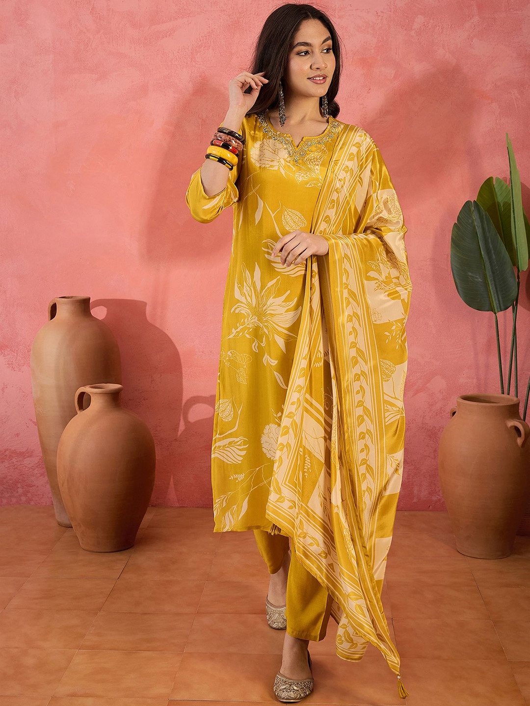 

Sangria Floral Printed Kurta & Trousers With Dupatta, Mustard