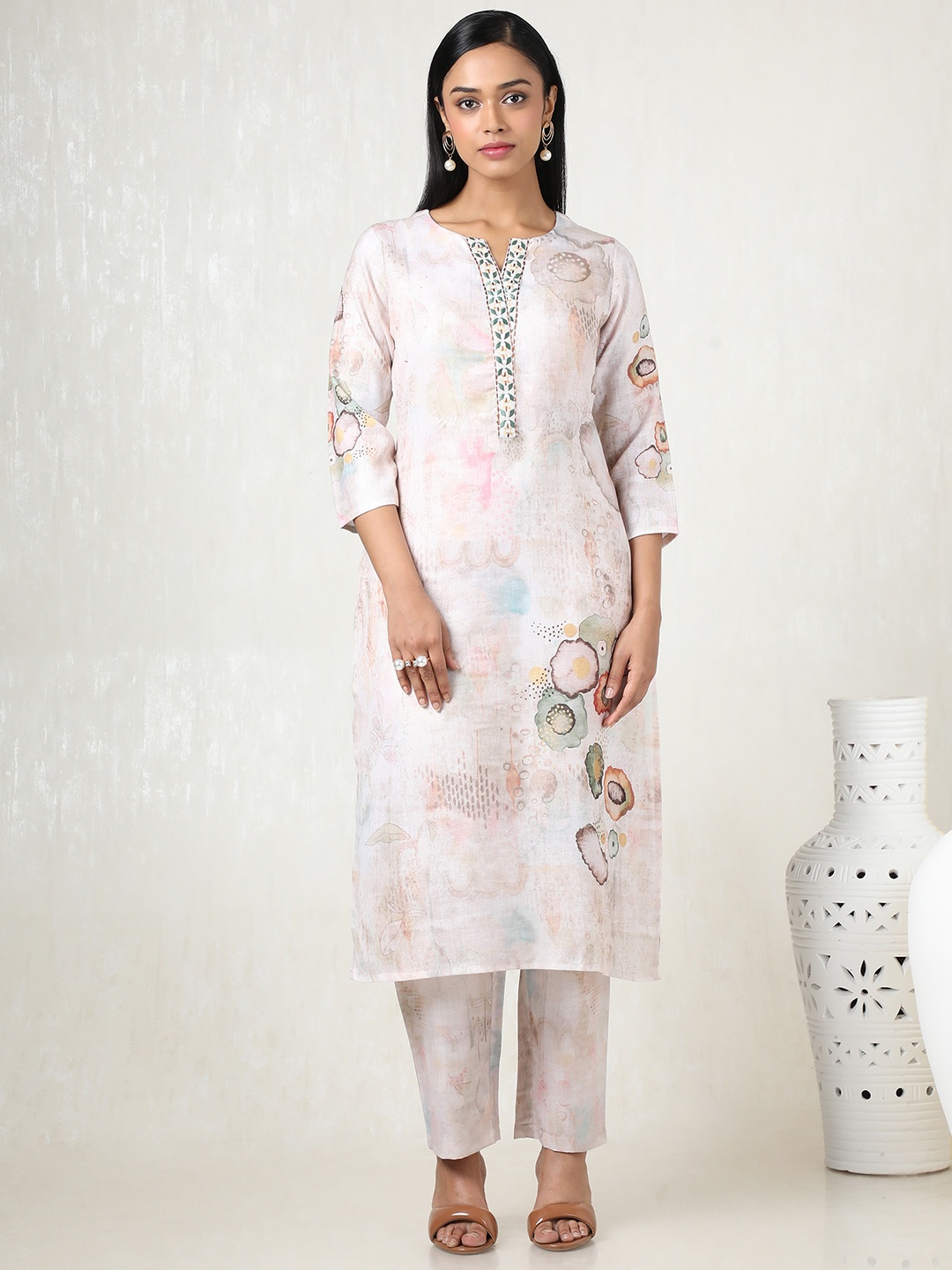 

Soch Women Floral Printed Regular Thread Work Linen Kurta with Trousers, Beige