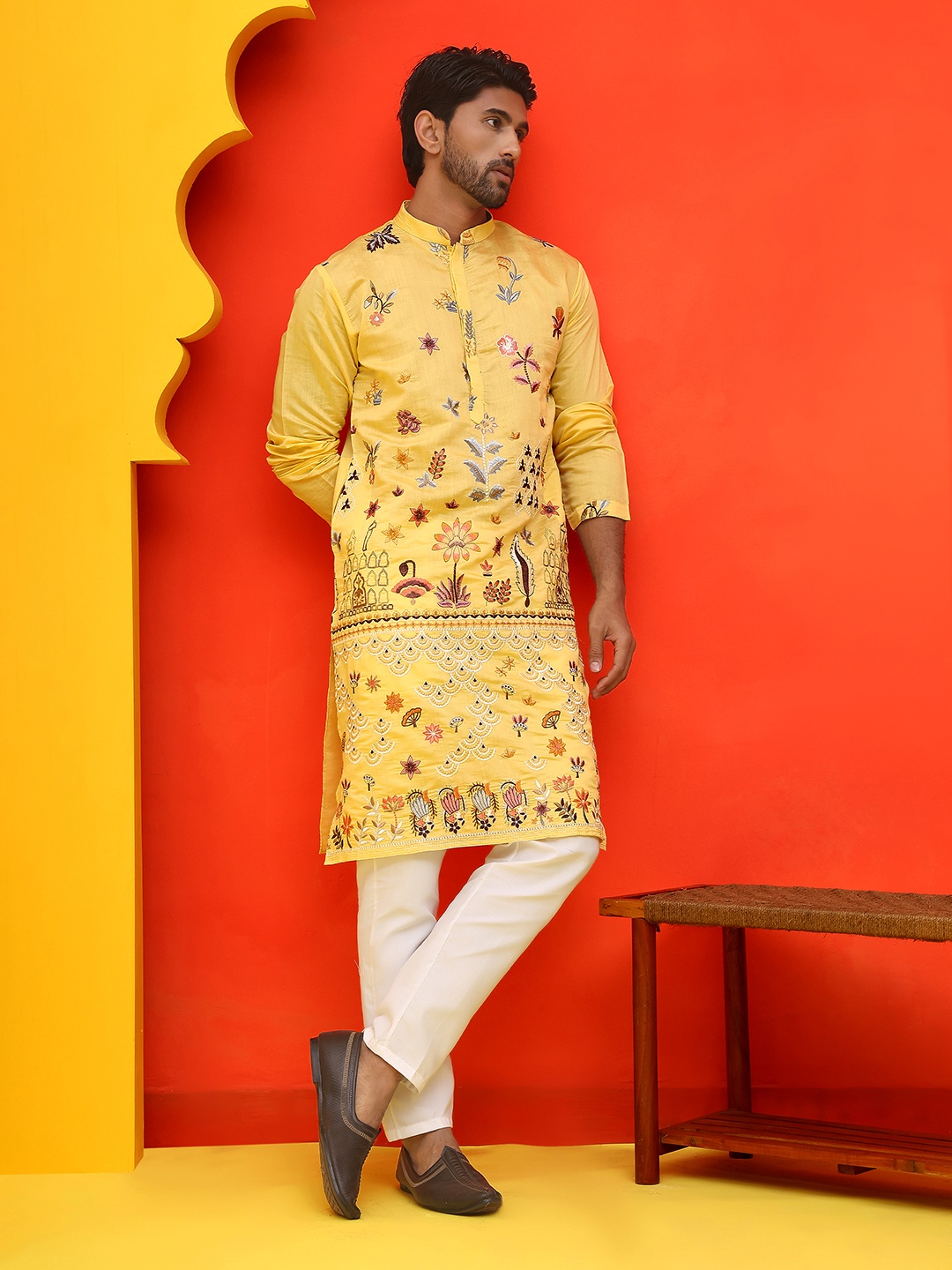 

Jompers Men Floral Embroidered Regular Chikankari Kurta with Pyjamas, Yellow