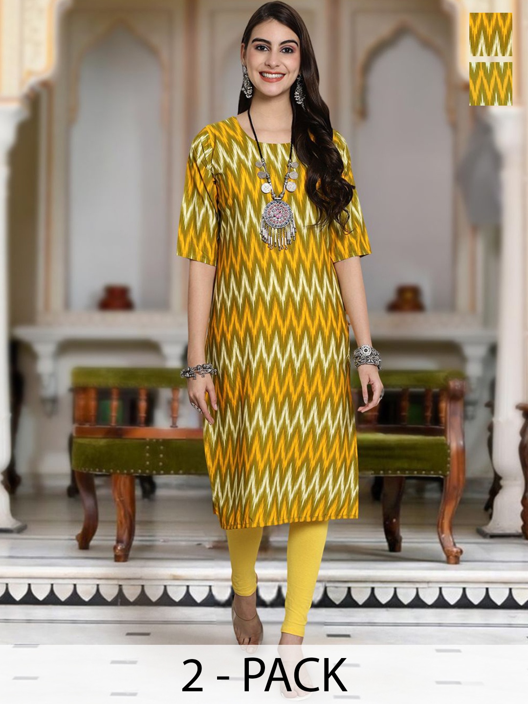 

Moda Rapido Chevron Printed Round Neck Straight Kurta, Yellow