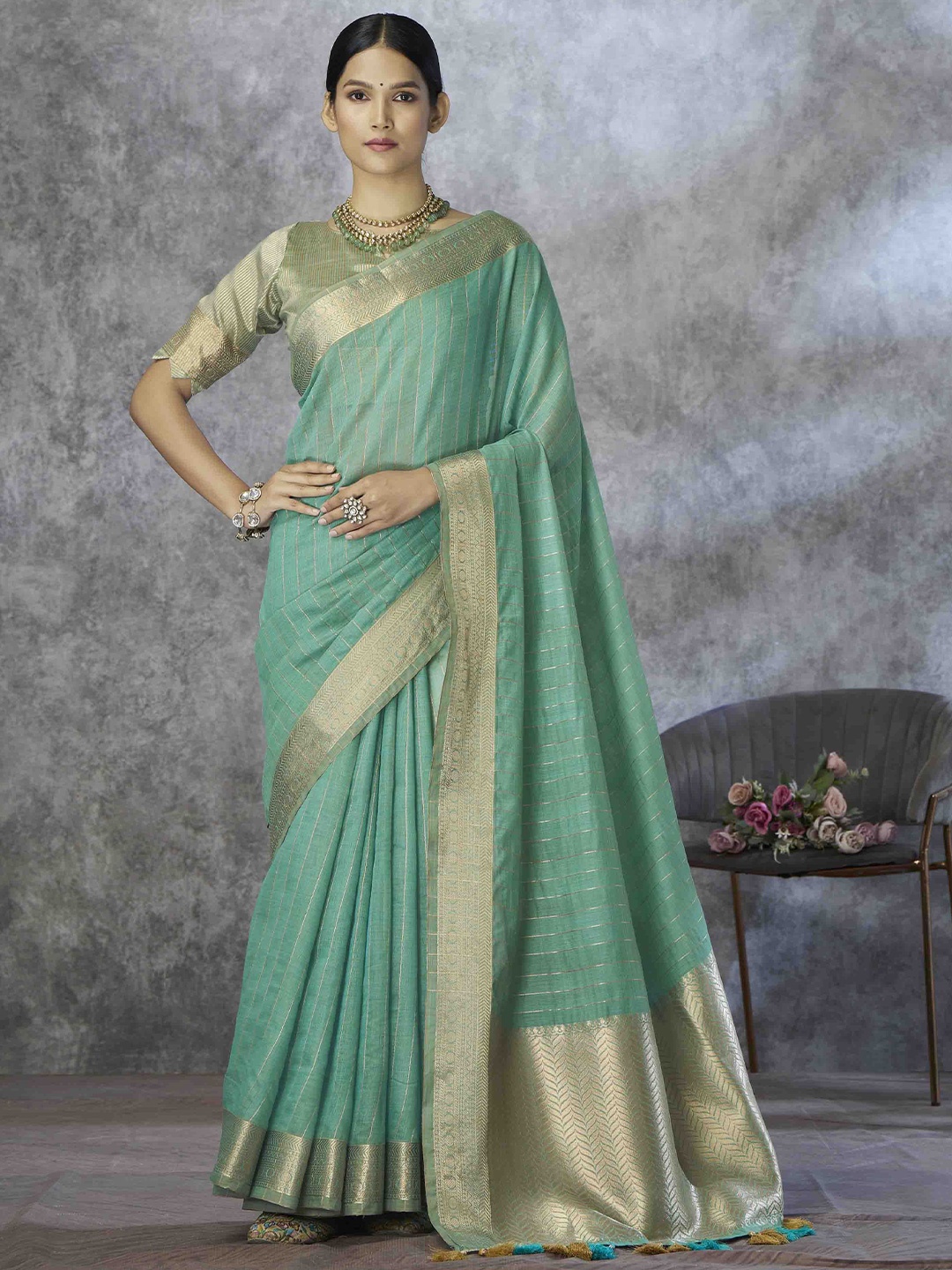 

KIMISHA Woven Design Zari Silk Blend Saree, Sea green