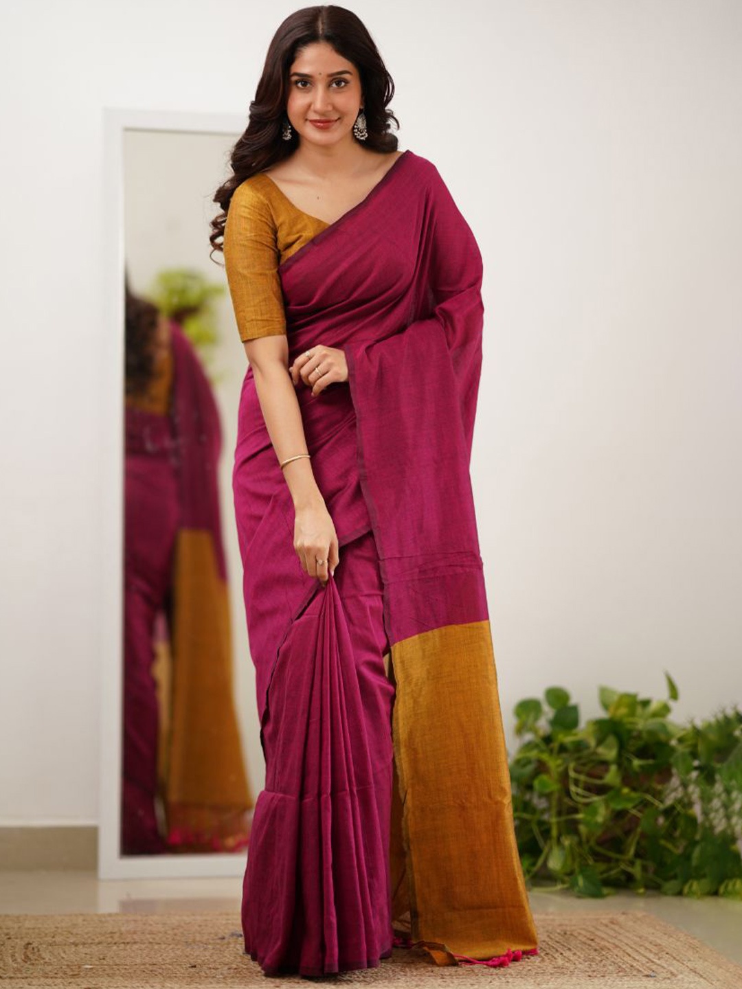 

Sutisancha Pink Half Mustard Handloom Cotton Saree