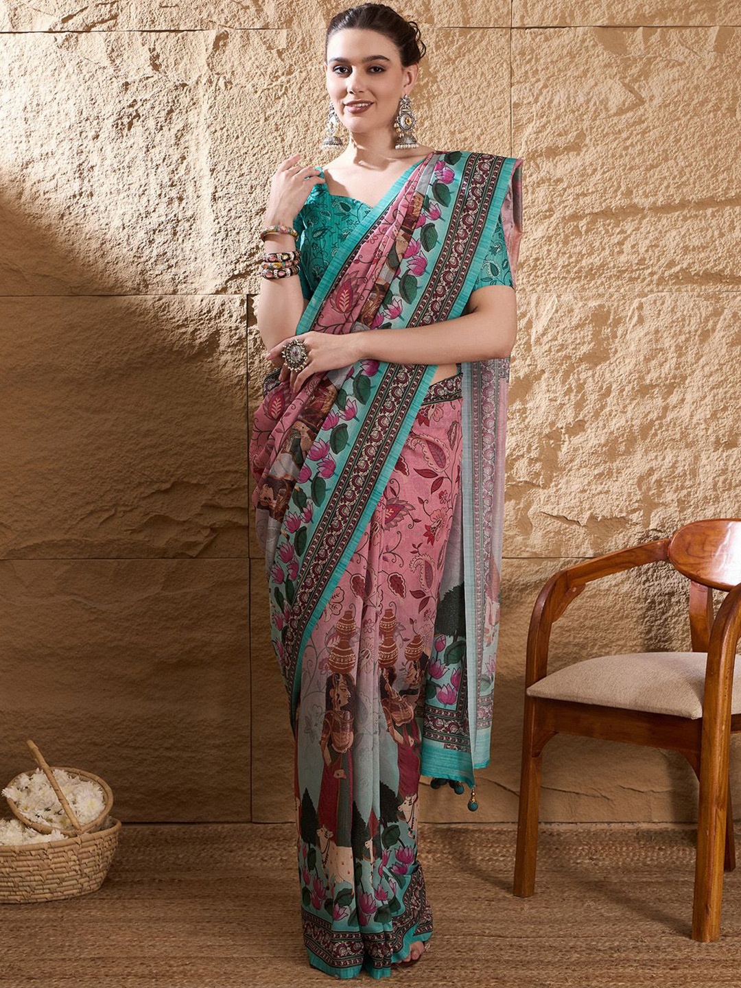 

Mitera Kalamkari Silk Blend Tussar Saree, Pink