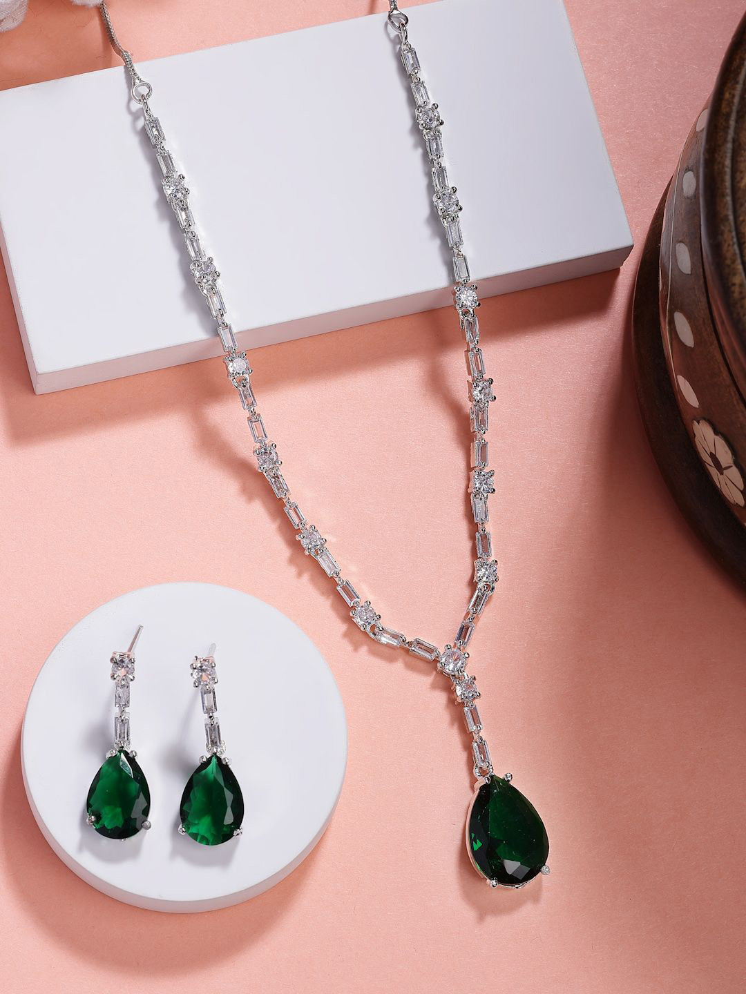 

NVR Women Silver-Plated American Diamond-Studded Jewellery Set