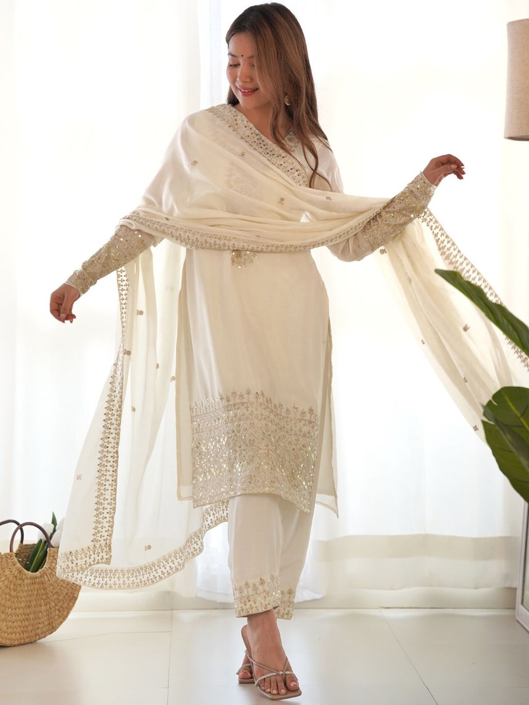 

Fusionic Women Embroidered Regular Sequinned Kurta with Trousers & With Dupatta, White