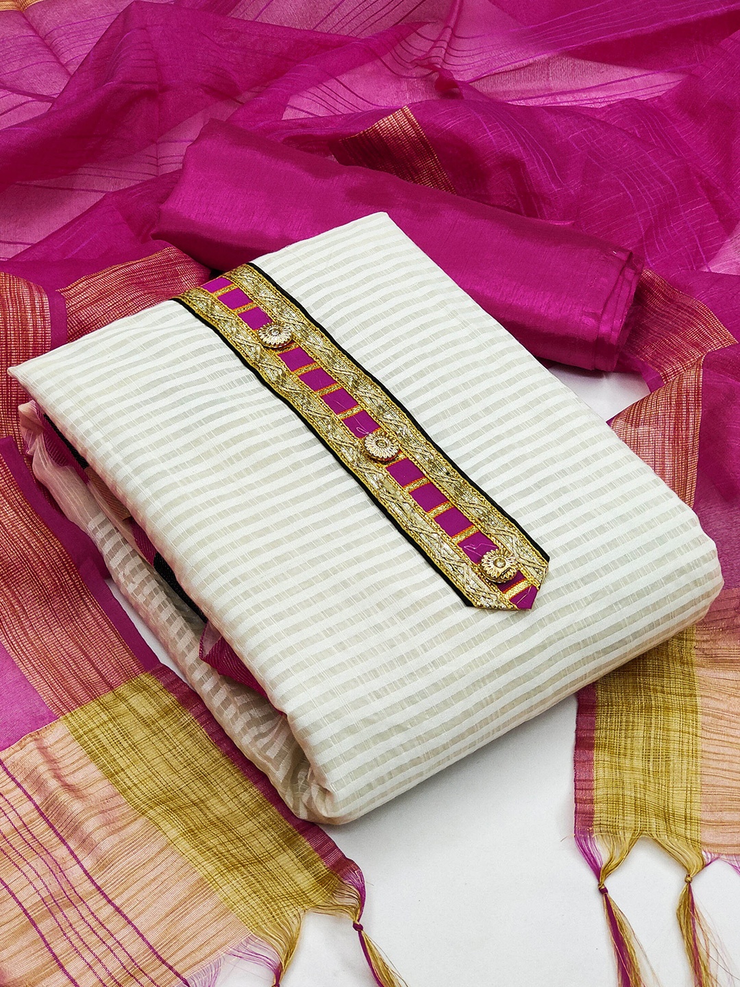 

HERE&NOW Striped Banarasi Unstitched Dress Material, White