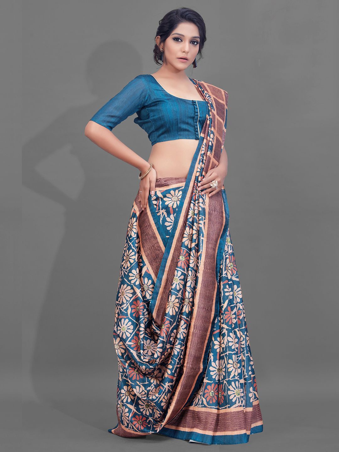 

Mitera Floral Silk Blend Baluchari Saree, Blue