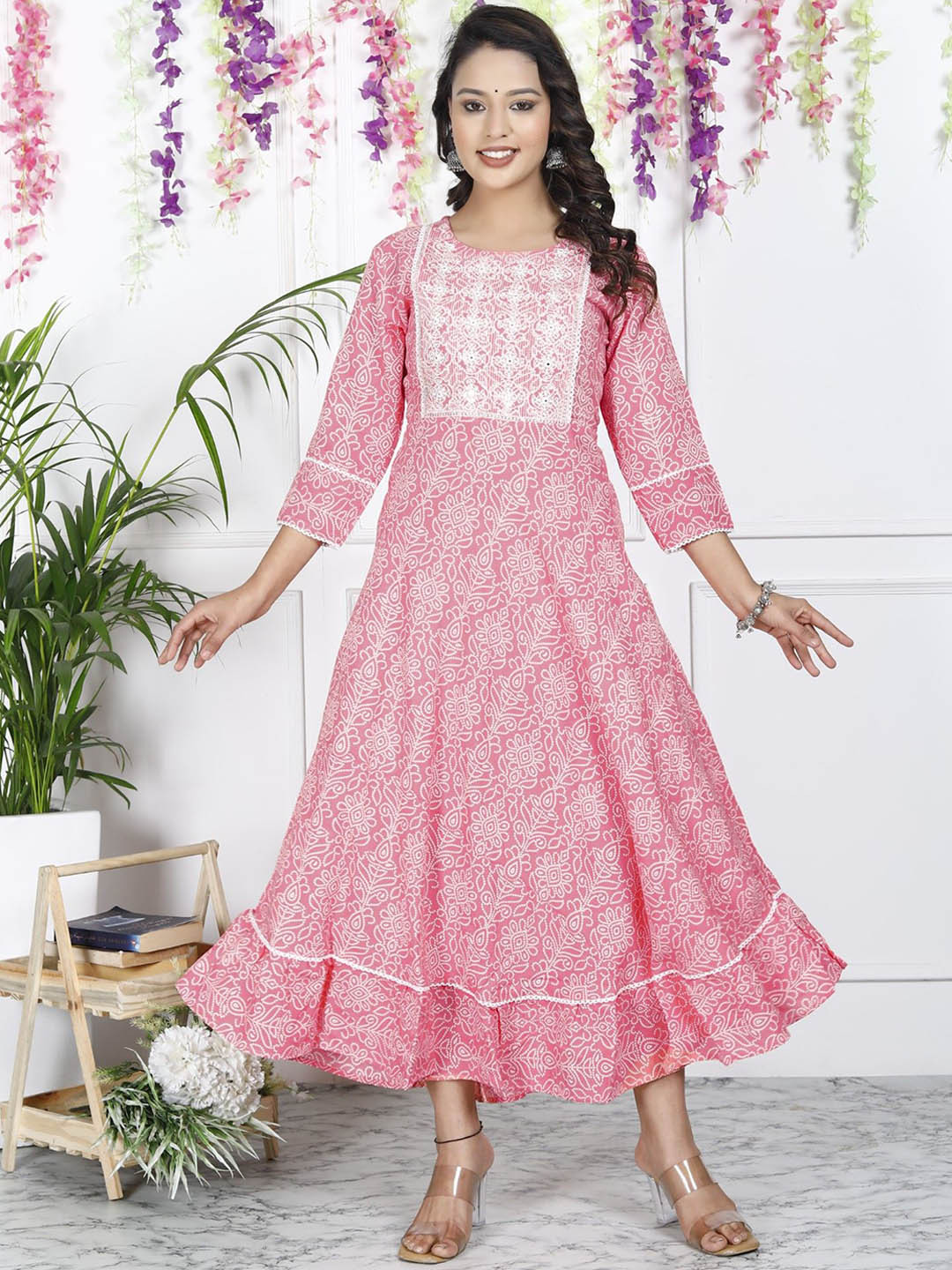 

ASANSHI Floral Printed Mirror Work A-Line Ethnic Dress, Pink
