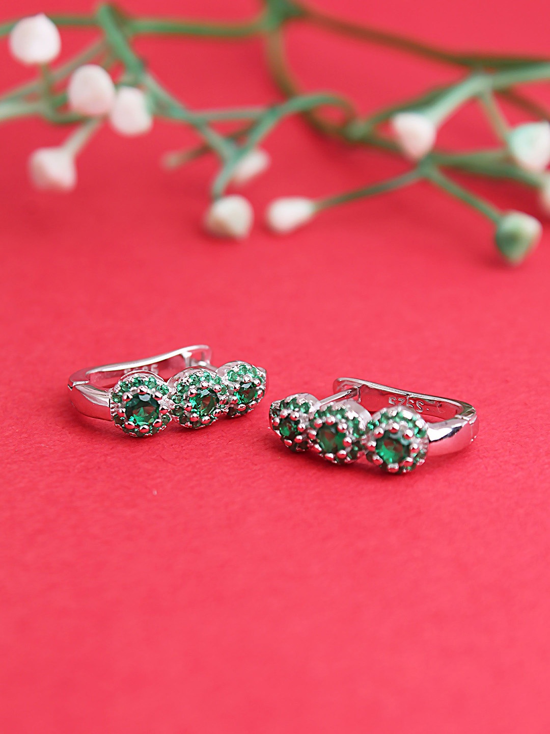 

DEVASHREE 925 Sterling Silver Rhodium-Plated CZ Studded Floral Hoop Earrings