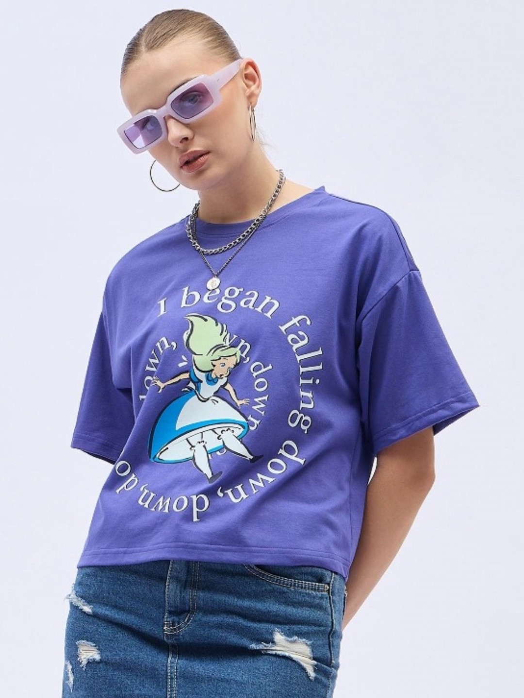 

DressBerry Women Printed Drop-Shoulder Sleeves T-shirt, Blue
