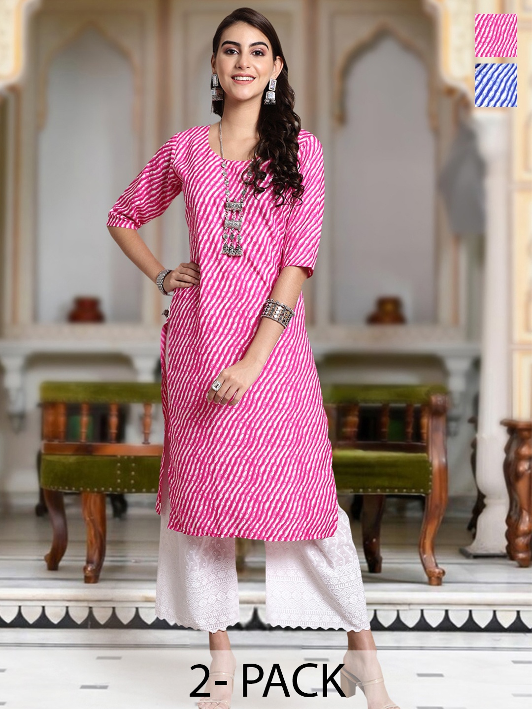 

Moda Rapido Selection Of 2 Leheriya Printed Round Neck Straight Kurtas, Pink