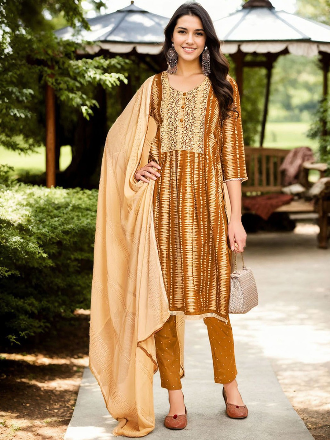 

Anouk Women Leheriya Embroidered Regular Thread Work Pure Cotton Kurta with Trousers & With Dupatta, Mustard