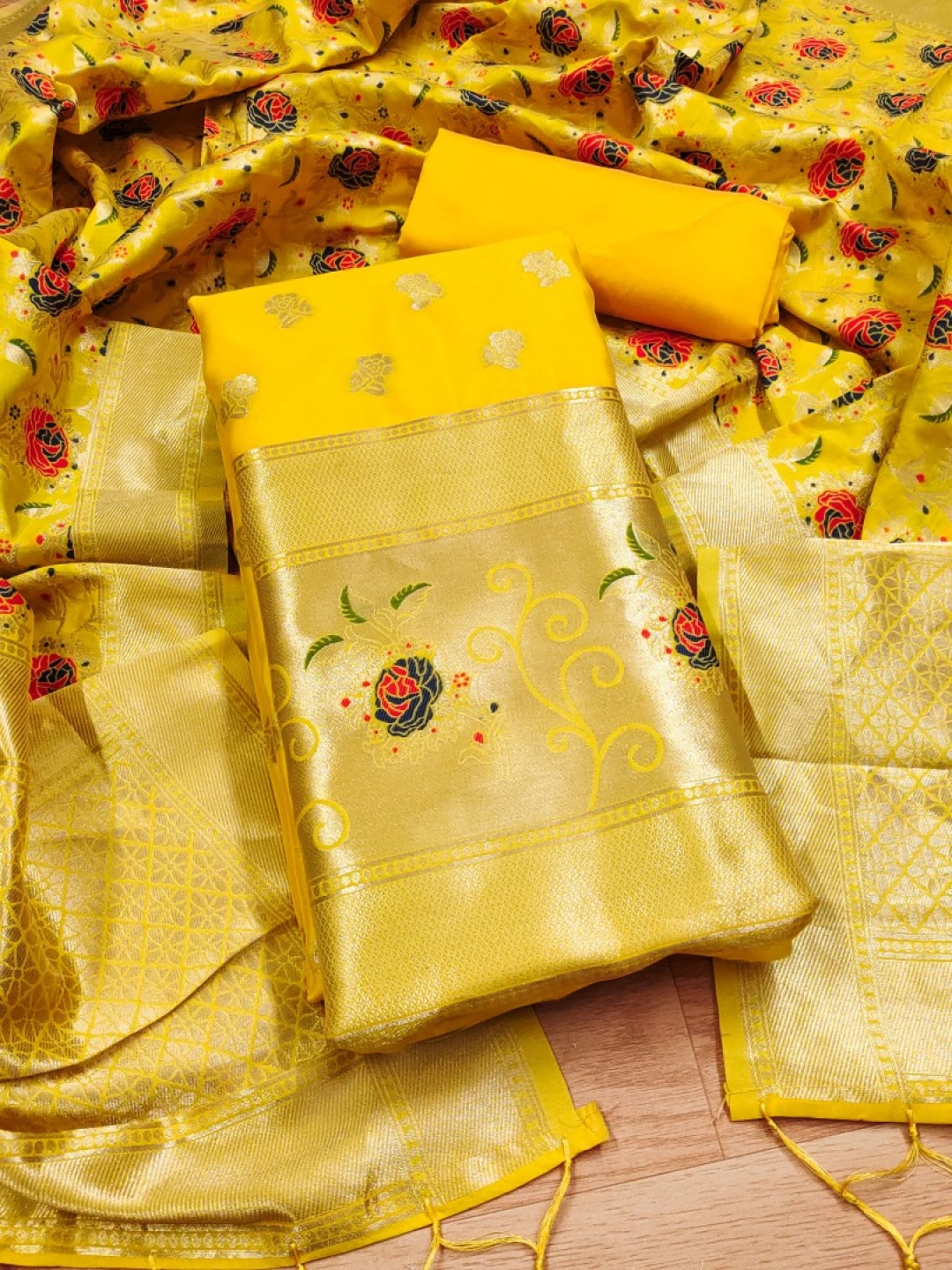 

Rangtulika Ethnics Woven Design Banarasi Silk Unstitched Dress Material, Yellow