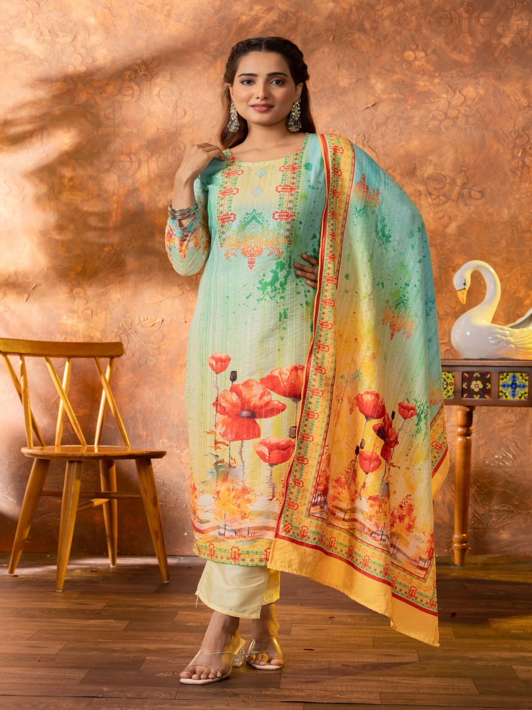 

Choice 4 Women Women Floral Printed Regular Thread Work Kurta with Trousers & With Dupatta, Turquoise blue