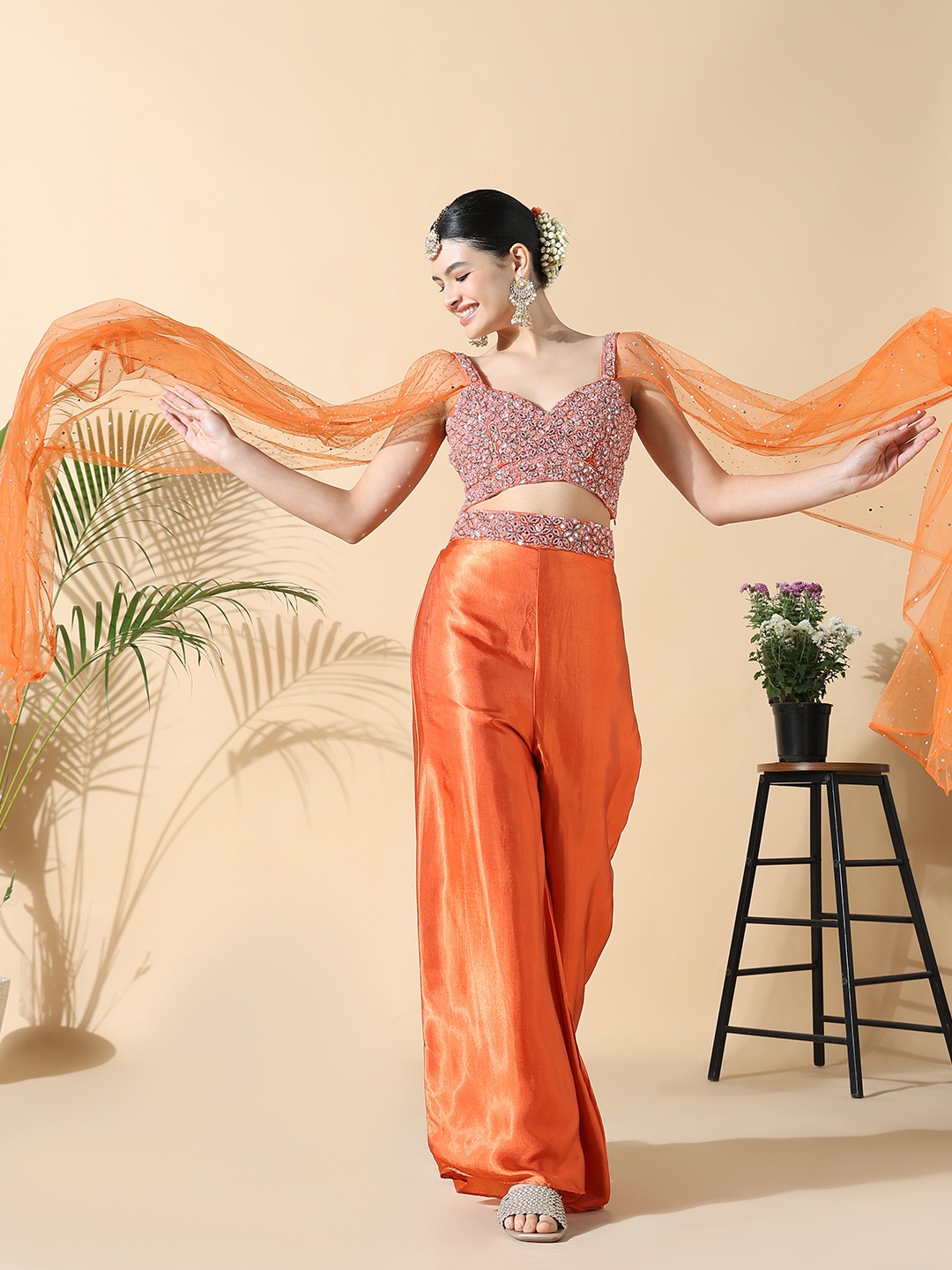 

SHOWOFF Women Embroidered Regular Beads and Stones Top with Palazzos, Orange