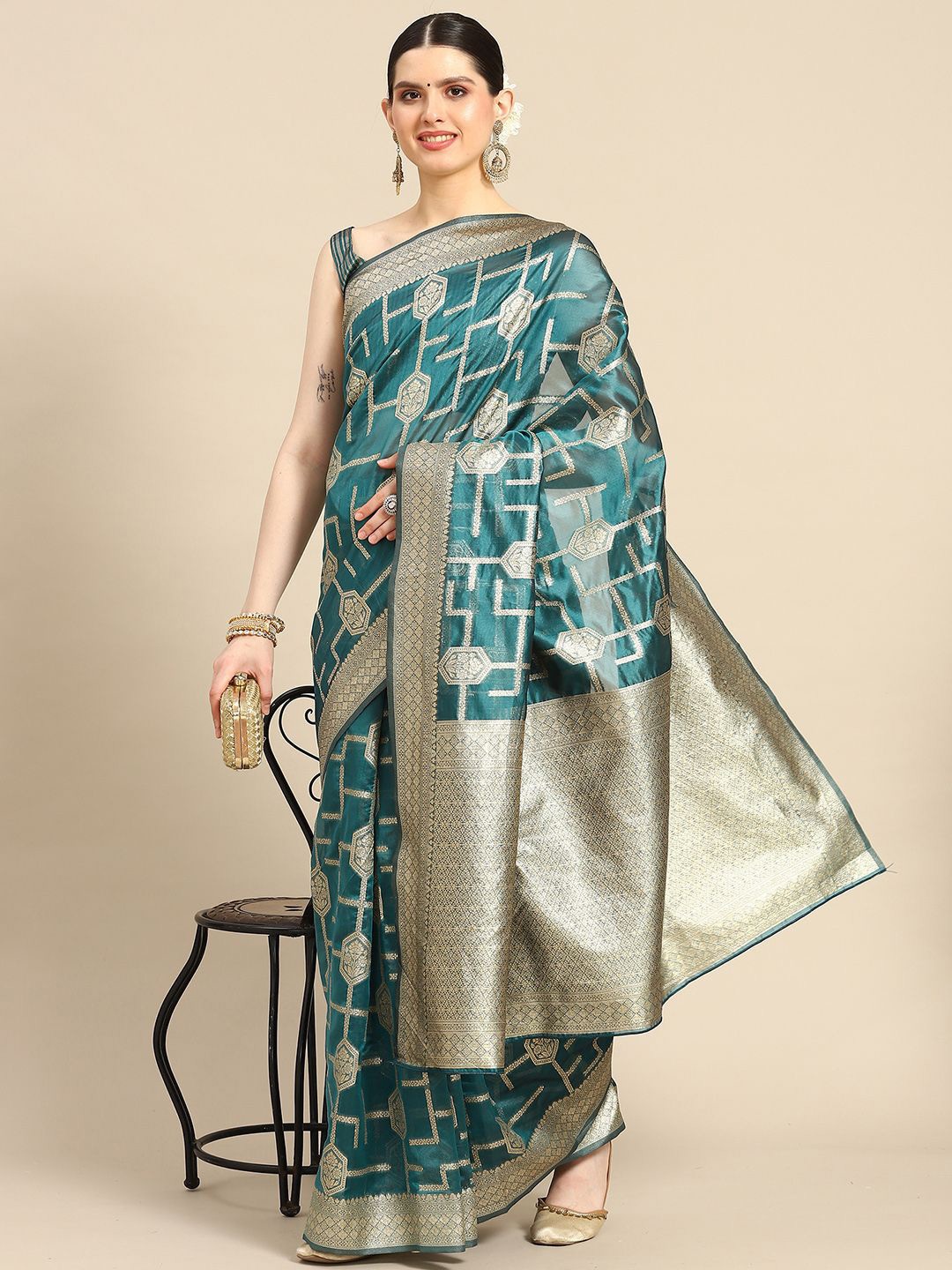 

Mitera Woven Design Zari Organza Banarasi Saree, Teal