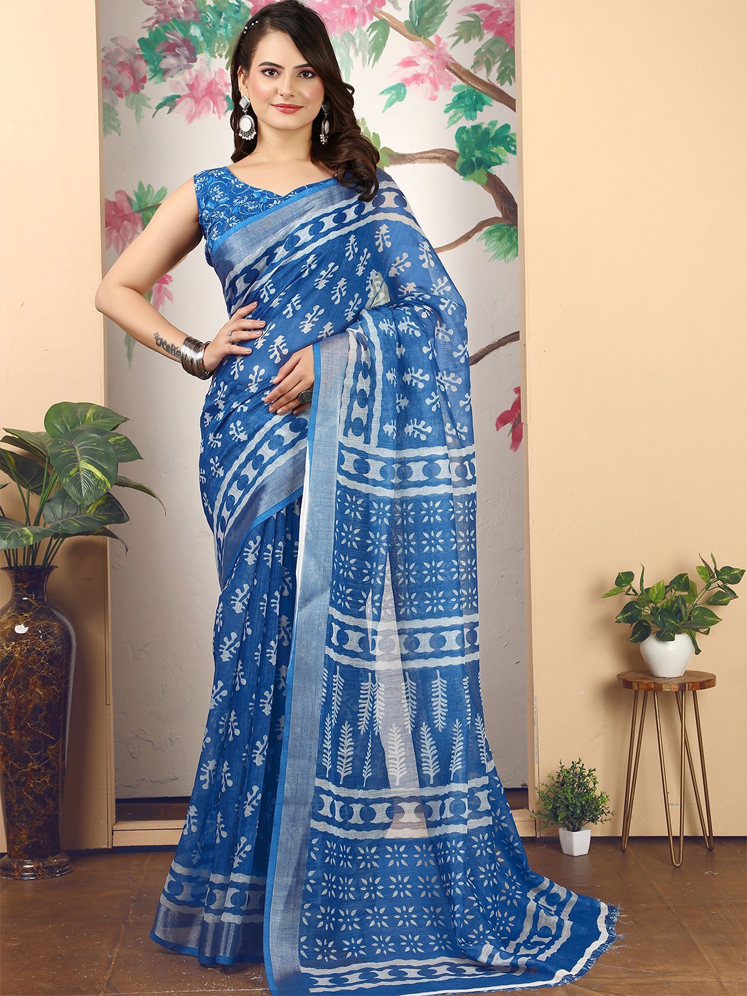 

Anouk Ethnic Motifs Linen Blend Saree, Navy blue