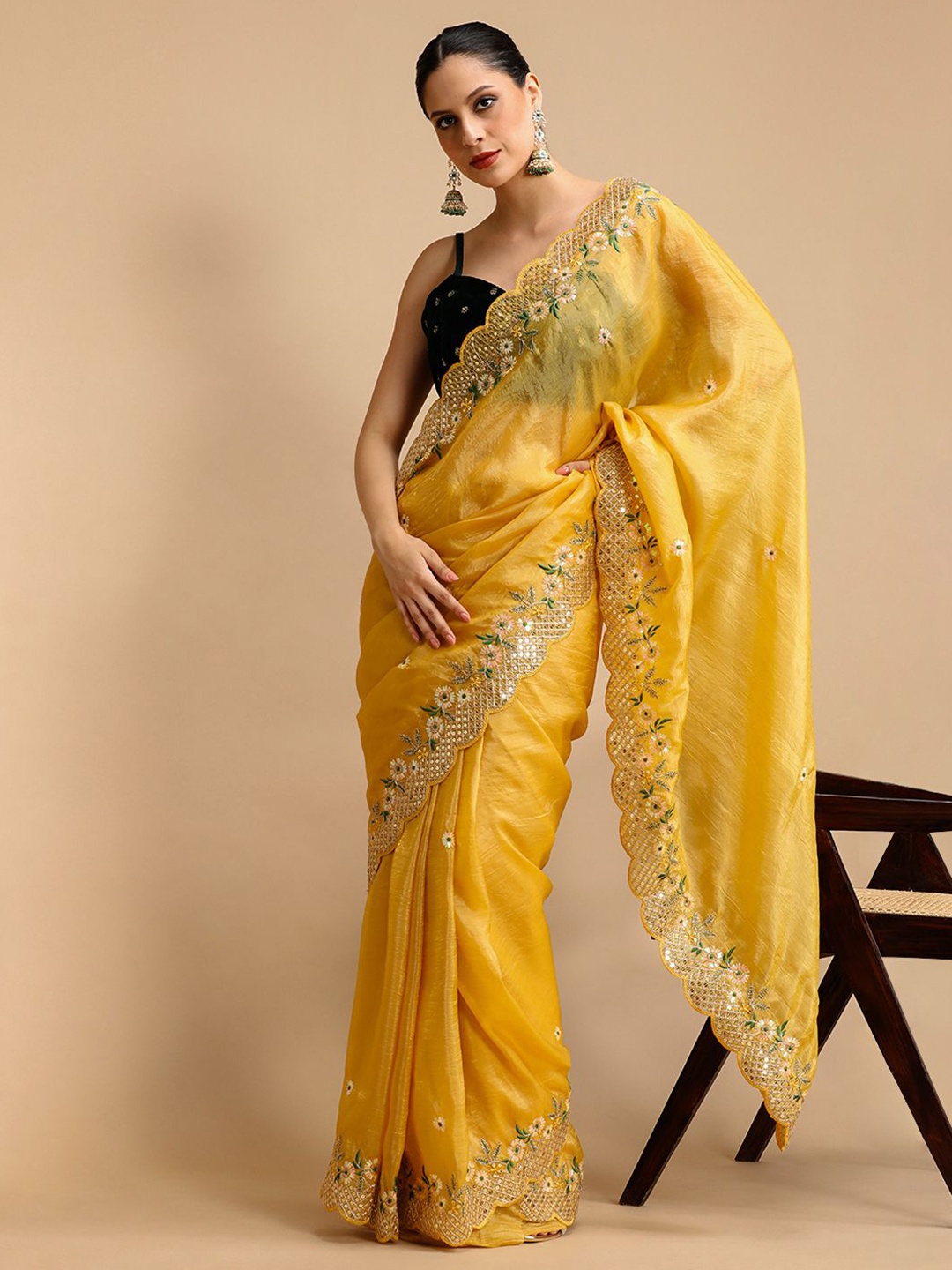 

House of Pataudi Coding & Sequin Embroidered Saree With Blouse Piece, Yellow
