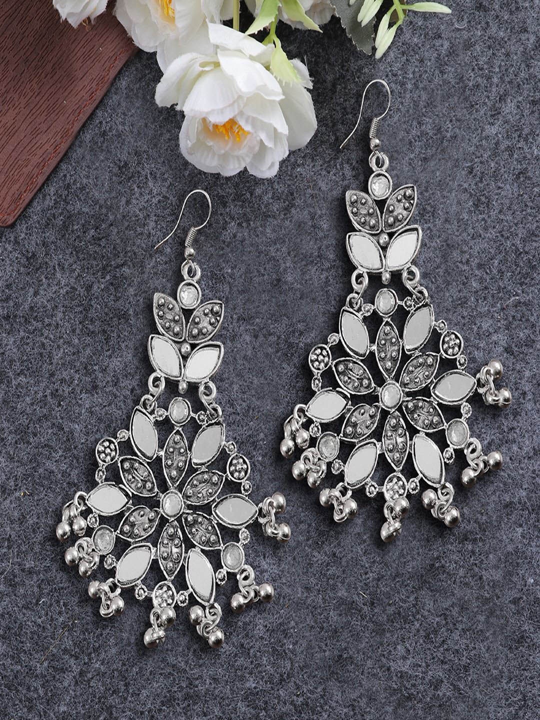 

Sangria Silver-Plated Mirror Floral Shaped Oxidised Drop Dangle Earrings