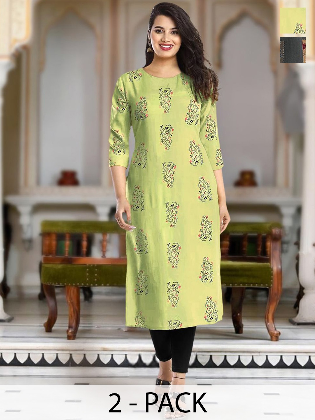 

Moda Rapido Selection Of 2 Floral Printed Round Neck Straight Kurta, Green