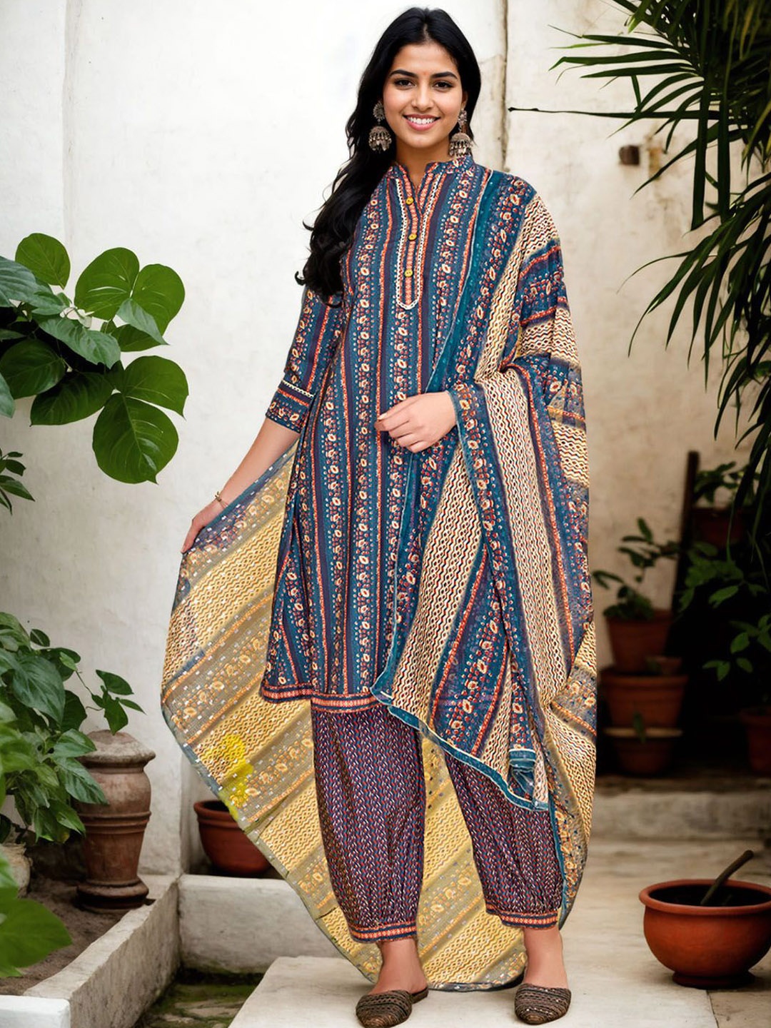 

Anouk Women Floral Printed Regular Kurta with Harem Pants & With Dupatta, Blue