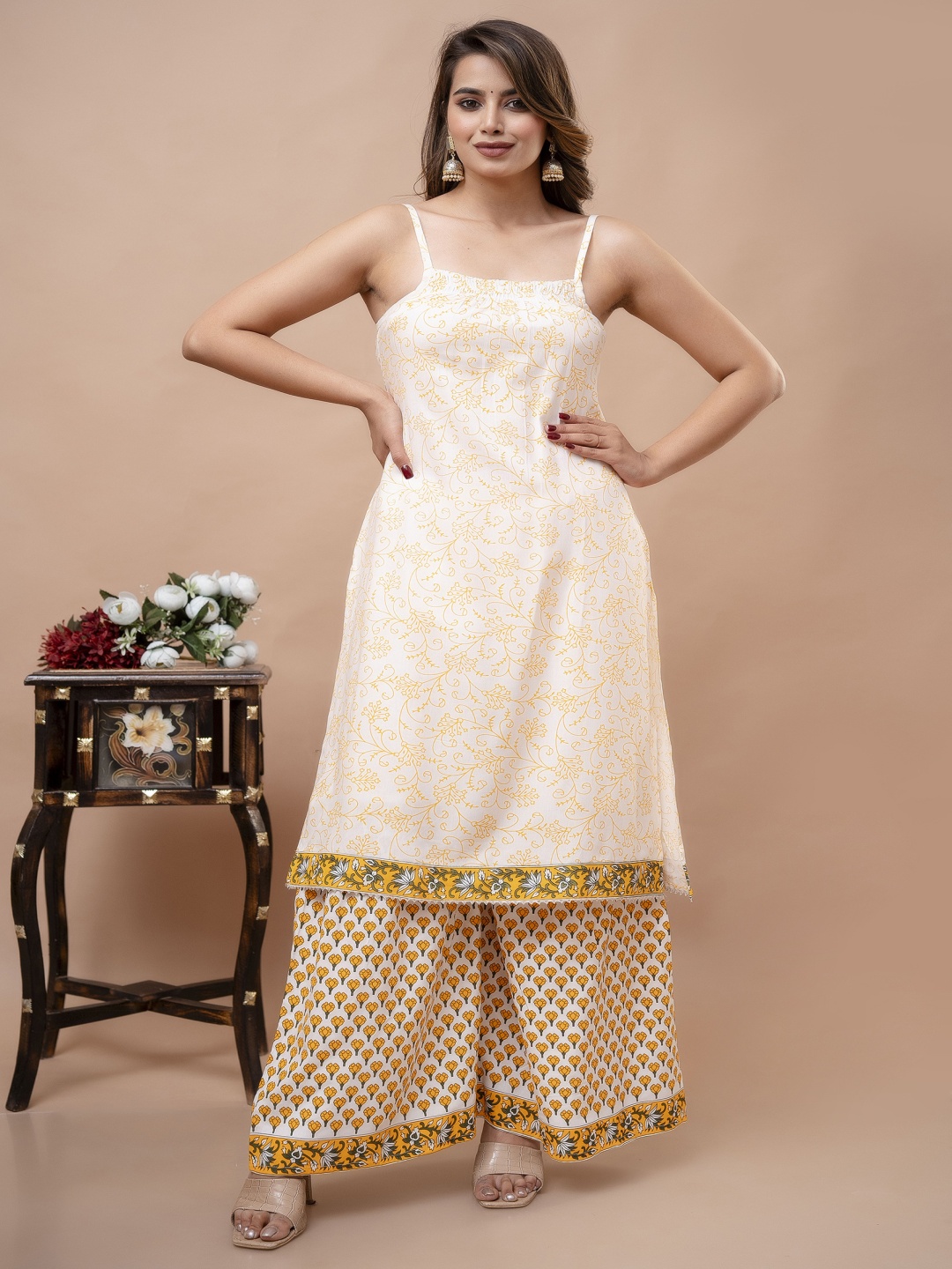 

Handish Women Floral Printed Regular Kurti with Sharara, Cream
