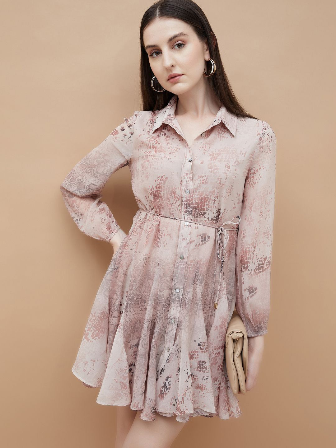 

CODE by Lifestyle Floral Print Shirt Mini Dress, Beige