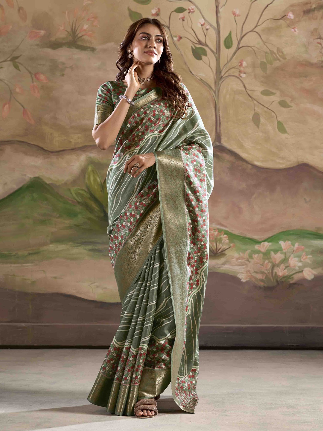 

KALINI Floral Zari Silk Blend Saree, Olive